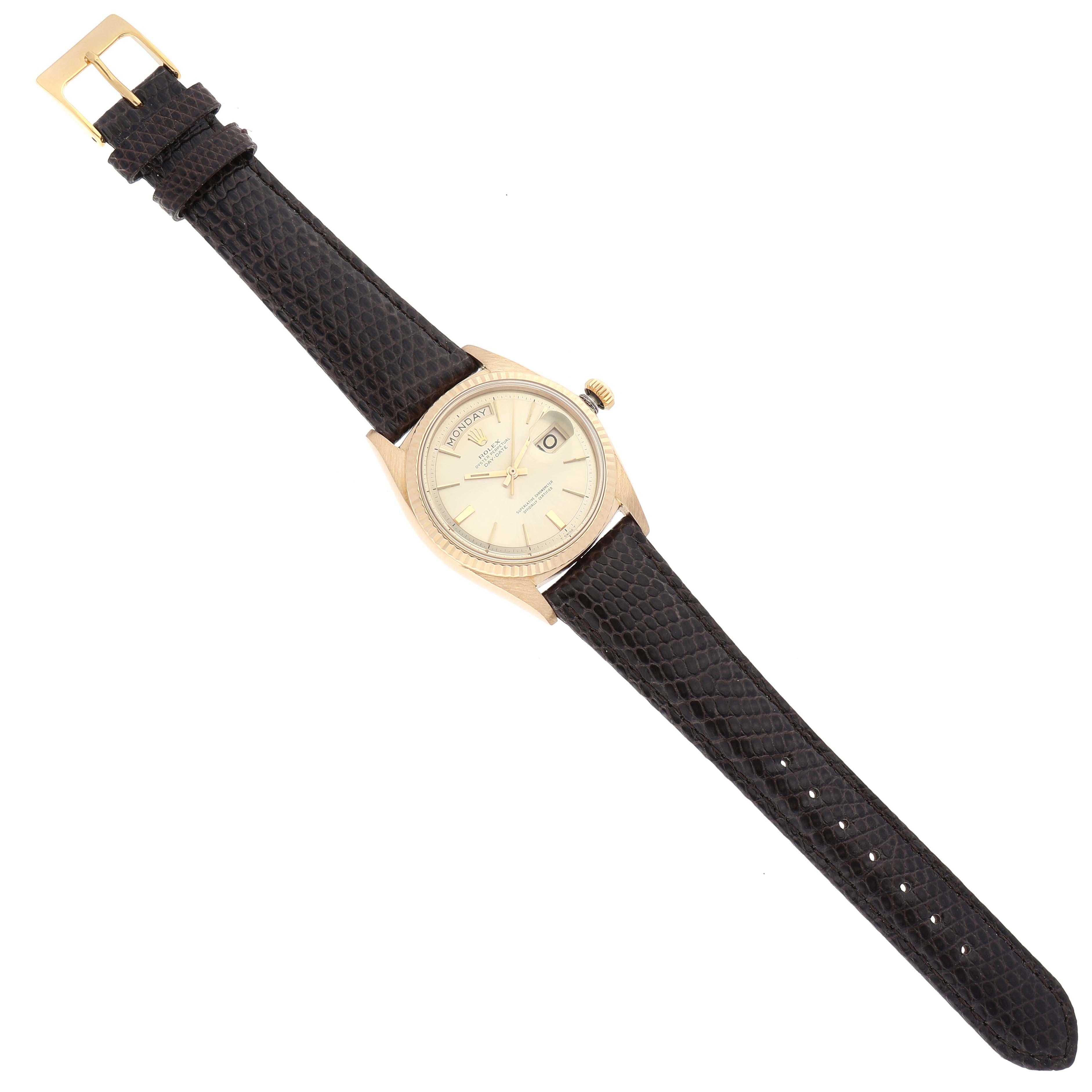 This image shows a Rolex Vintage Collection 1803 Men's Yellow Gold Champagne Dial 1803 Men's Yellow Gold Champagne Dial watch from a top-down angle, highlighting its face, case, crown, and black leather strap.