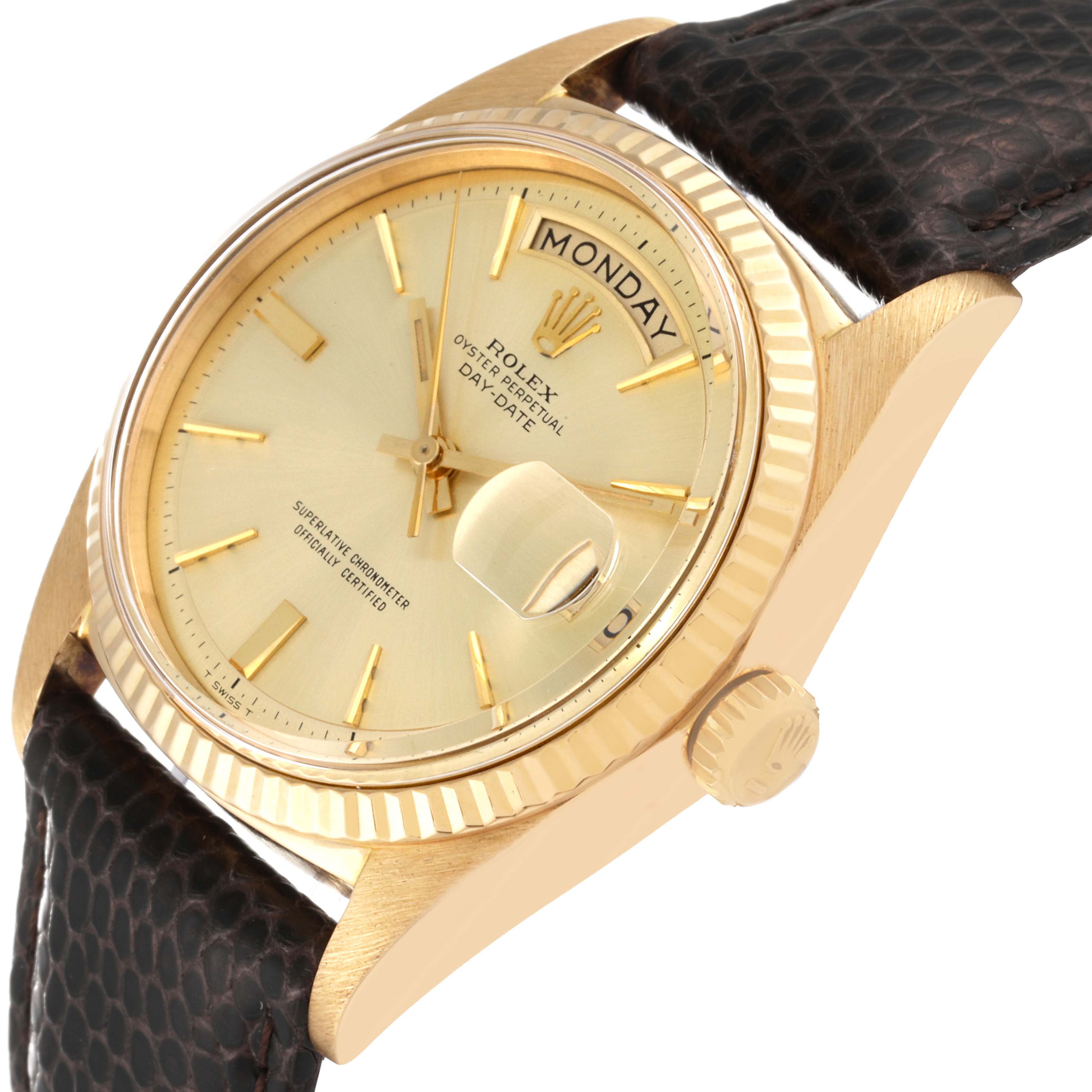 The Rolex Vintage Collection 1803 Men's Yellow Gold Champagne Dial 1803 Men's Yellow Gold Champagne Dial watch is shown from a right-side angle, displaying the dial, hour markers, crown, and part of the strap.