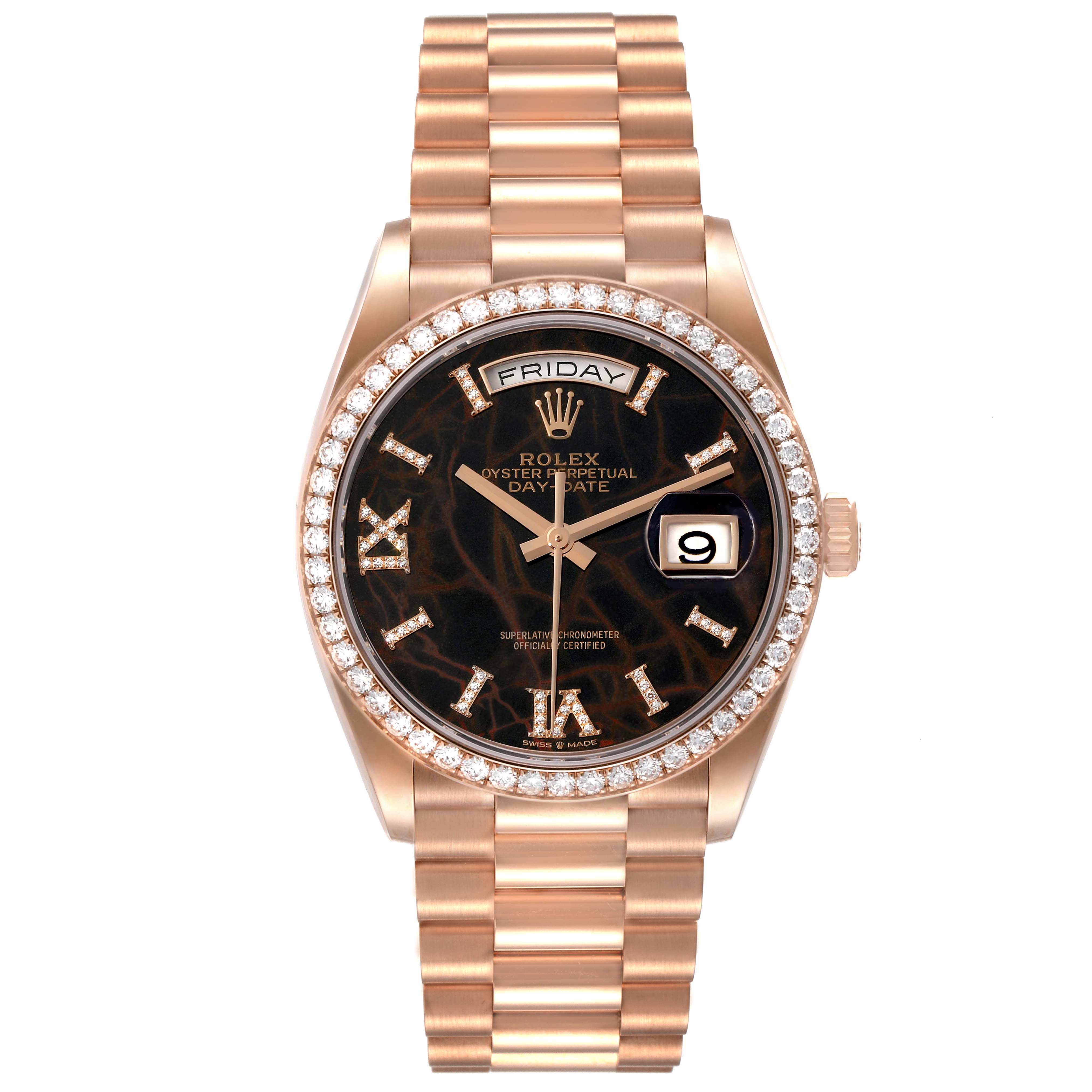 This image shows a Rolex President 128345 Men's Rose Gold Brown Dial 128345 Men's Rose Gold Brown Dial model watch in a straight-on angle, displaying its face, bezel, and bracelet.