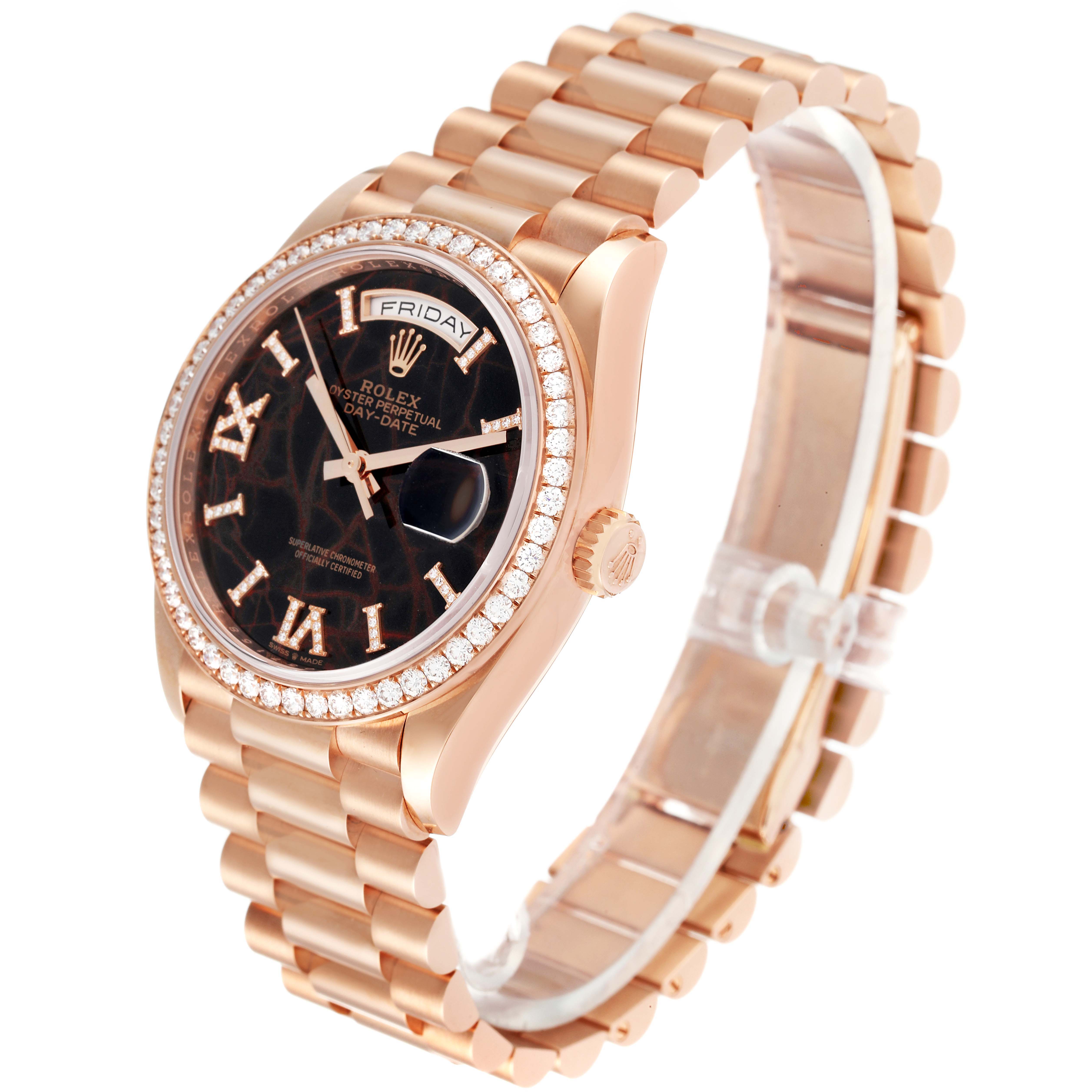 This Rolex President 128345 Men's Rose Gold Brown Dial 128345 Men's Rose Gold Brown Dial watch is shown from a three-quarter angle, displaying the face, band, crown, and bezel.