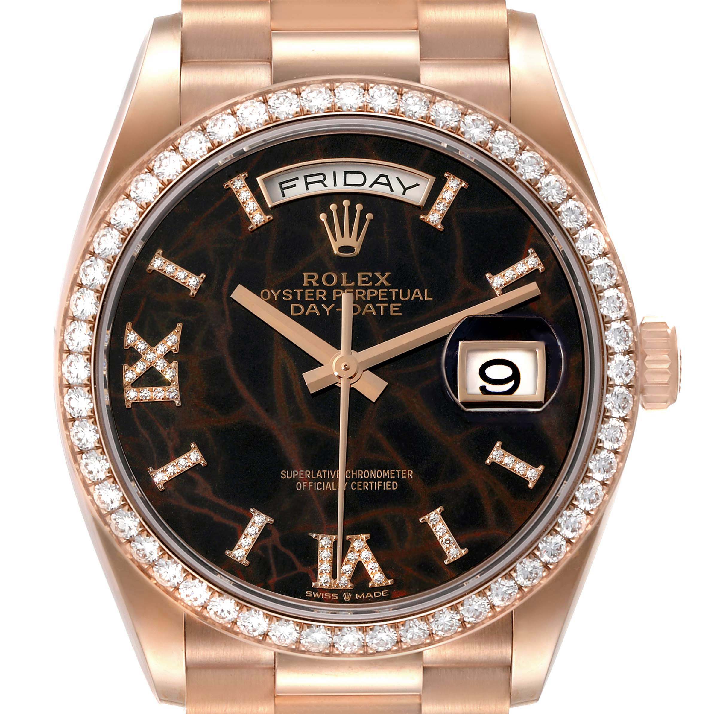 This image shows a front view of a Rolex President 128345 Men's Rose Gold Brown Dial 128345 Men's Rose Gold Brown Dial model watch, highlighting its face, bracelet, and diamond bezel.