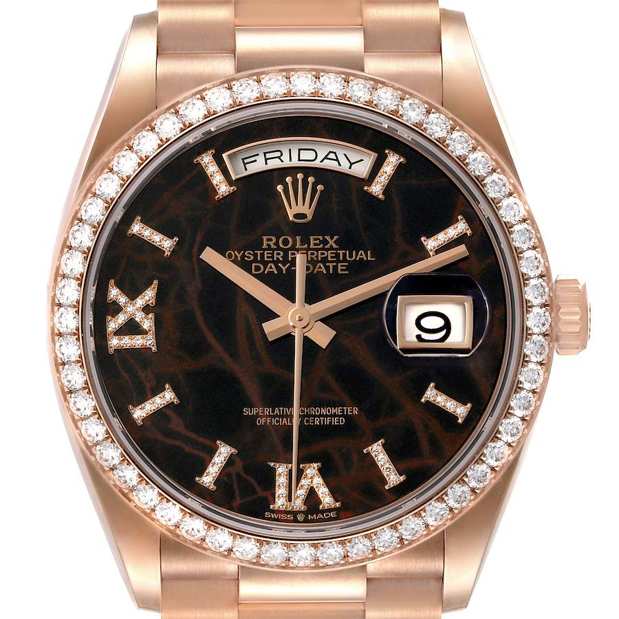 Rolex President Day Date Rose Gold Eisenkiesel Stone Diamond Mens Watch 128345 Unworn SwissWatchExpo