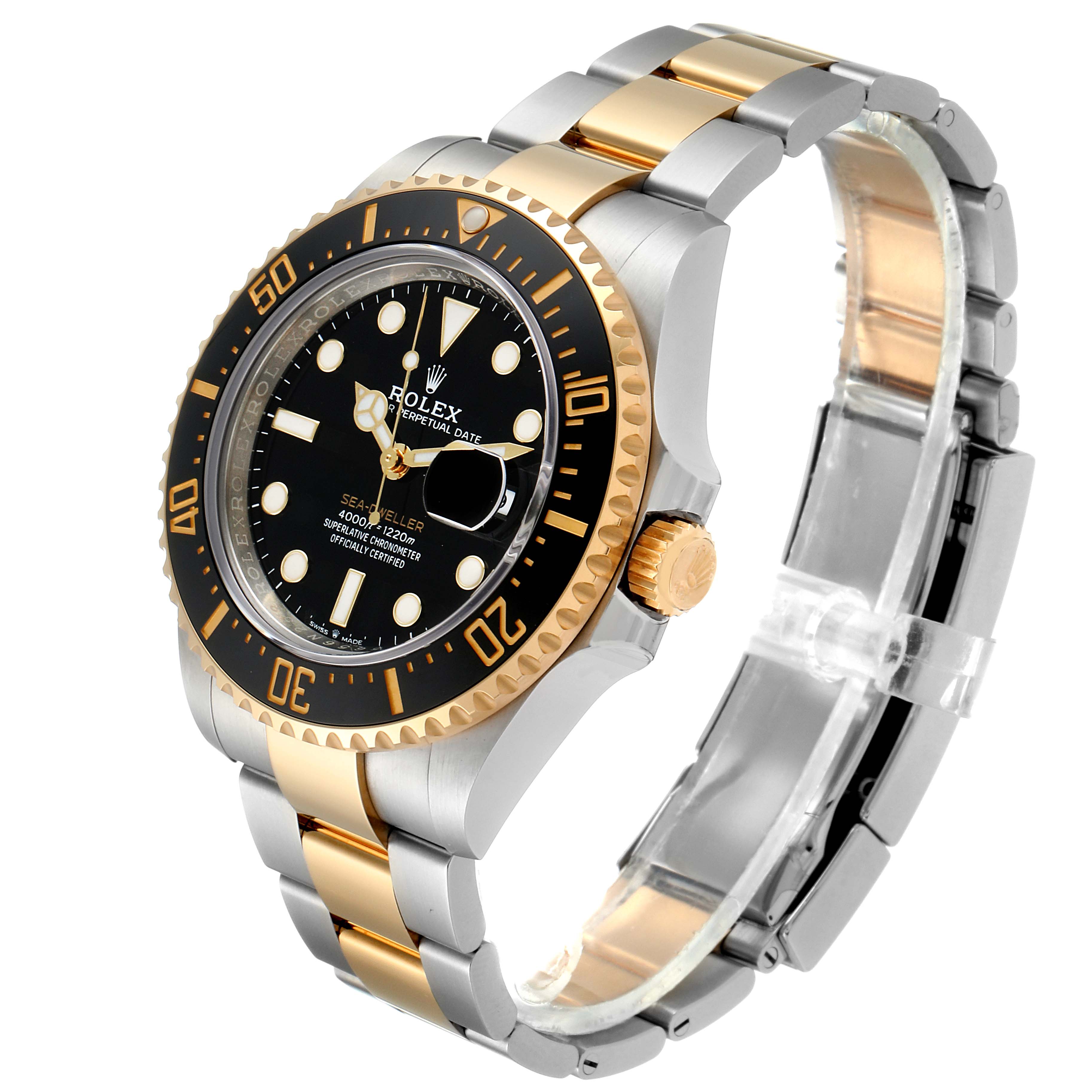 This image shows a Rolex Sea-Dweller 126603 Men
s Steel and Gold (two tone) Black Dial 126603 Men
s Steel and Gold (two tone) Black Dial watch from a front right angle, highlighting the dial, bezel, crown, and two-tone bracelet.