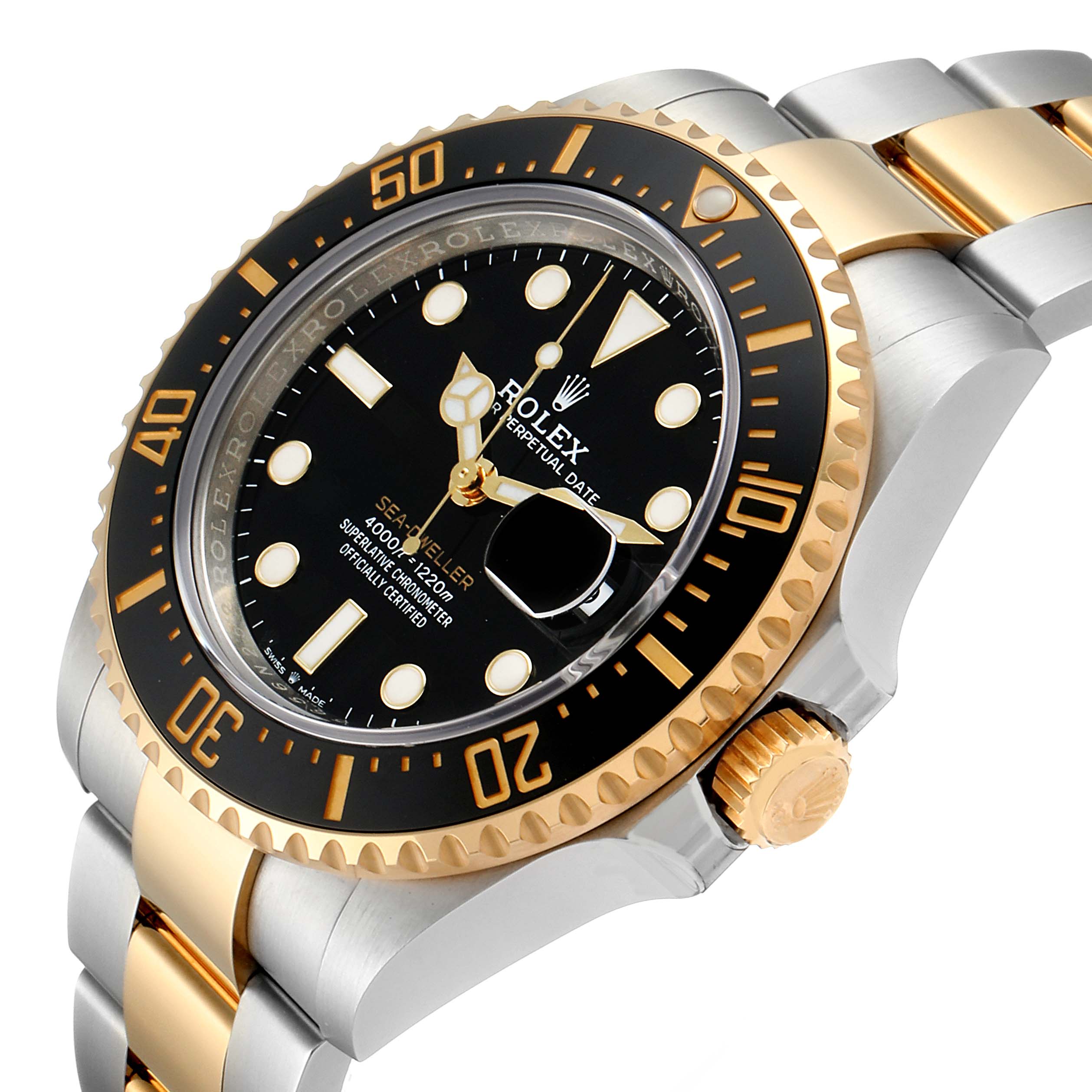 The image shows the Rolex Sea-Dweller 126603 Men
s Steel and Gold (two tone) Black Dial 126603 Men
s Steel and Gold (two tone) Black Dial watch at a slight angle, highlighting its bezel, dial, crown, and bracelet.