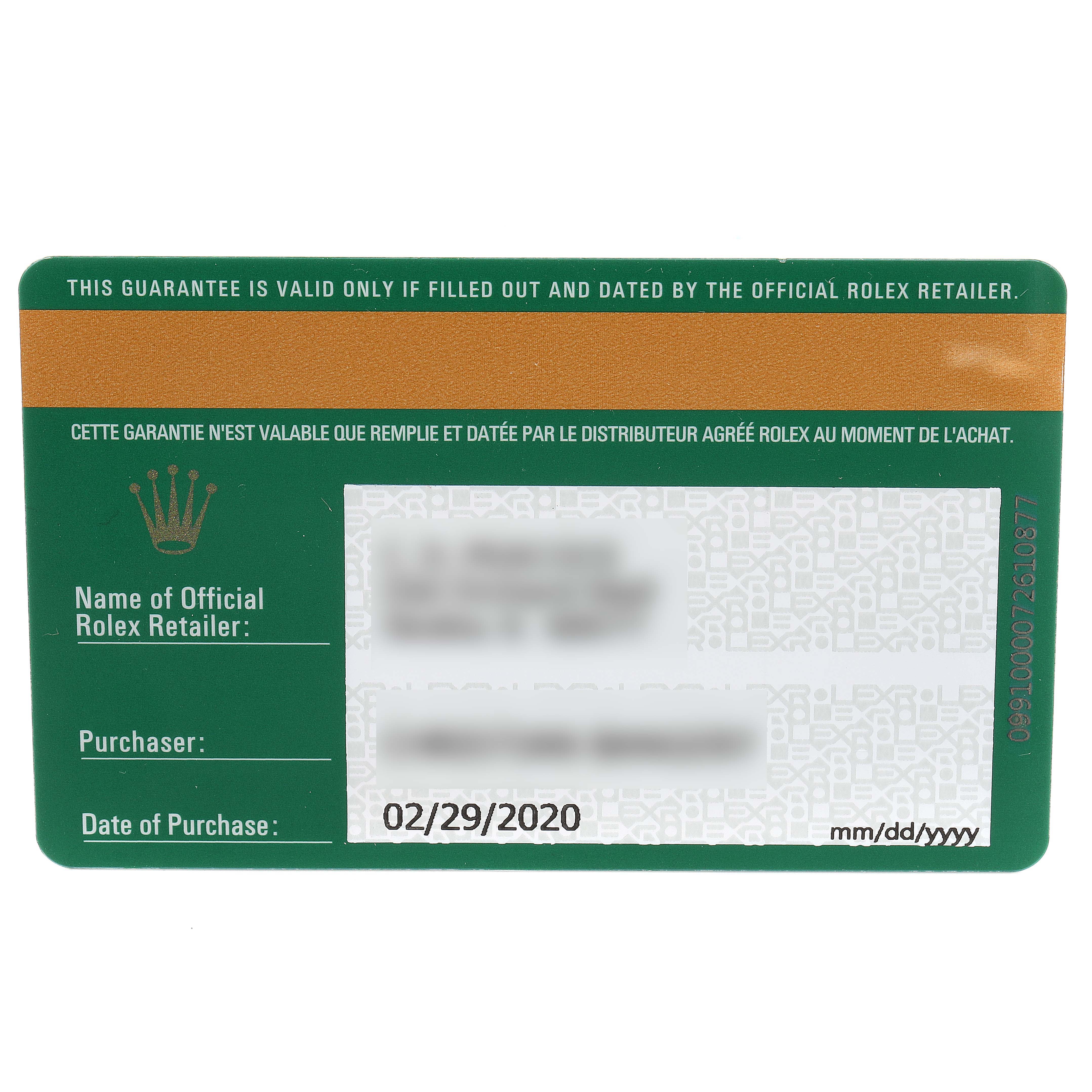 This image shows a guarantee card for the Rolex Sea-Dweller 126603 Men
s Steel and Gold (two tone) Black Dial 126603 Men
s Steel and Gold (two tone) Black Dial model, including retailer, purchaser, and date of purchase details.