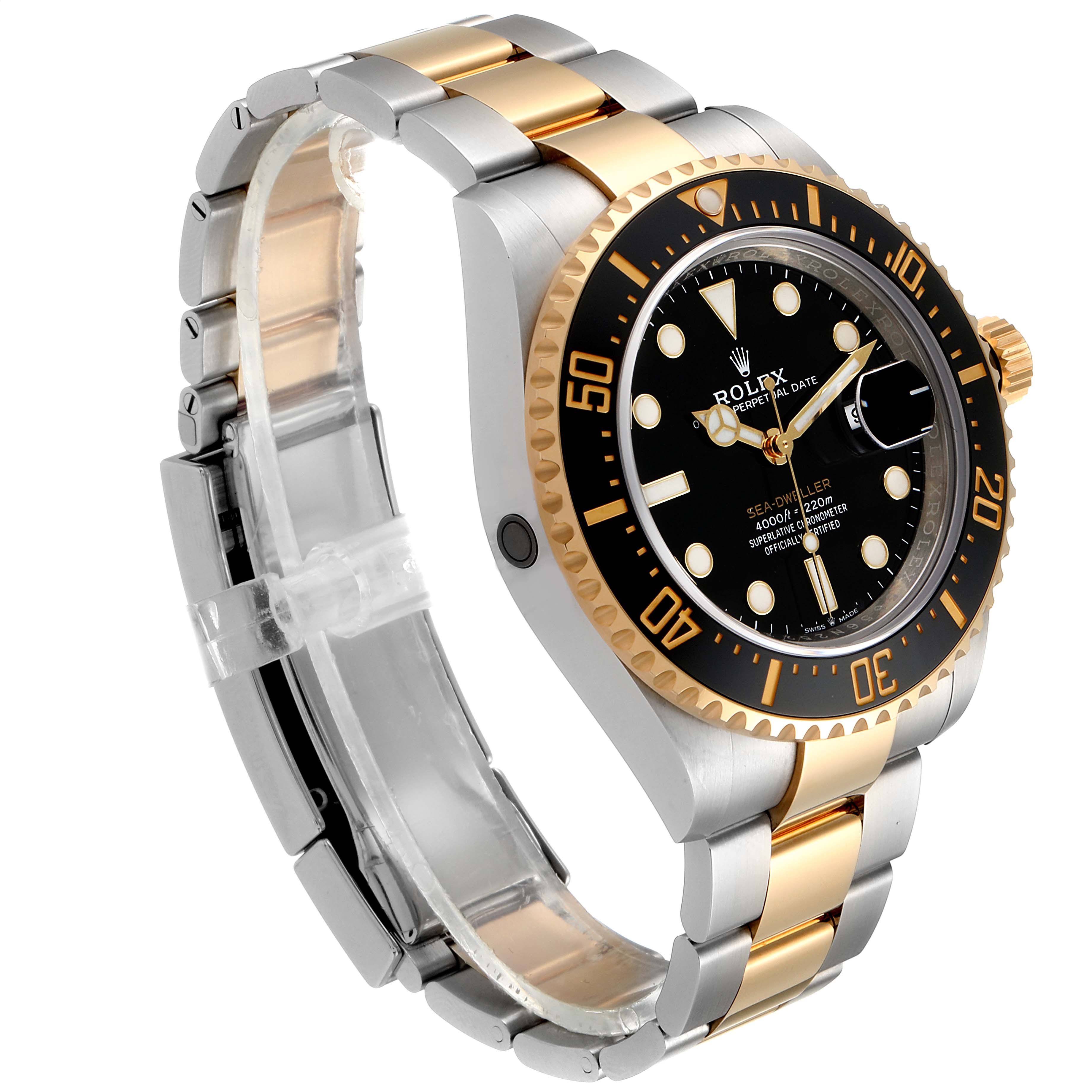 The image shows a side and front angle of the Rolex Sea-Dweller 126603 Men
s Steel and Gold (two tone) Black Dial 126603 Men
s Steel and Gold (two tone) Black Dial watch, highlighting the bezel, dial, and two-tone bracelet.