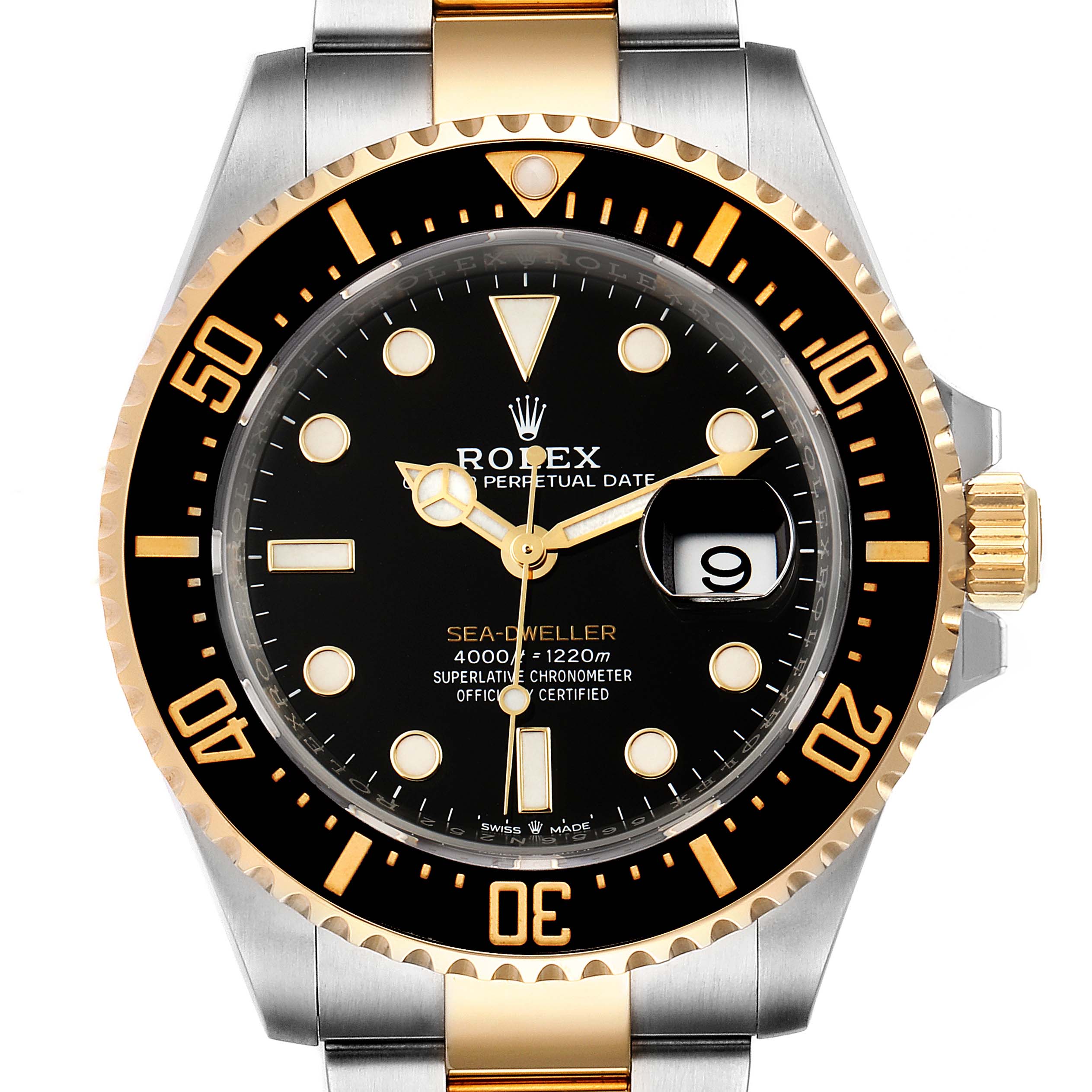 The Rolex Sea-Dweller 126603 Men
s Steel and Gold (two tone) Black Dial 126603 Men
s Steel and Gold (two tone) Black Dial watch is shown from the front, detailing the dial, bezel, crown, and bracelet.