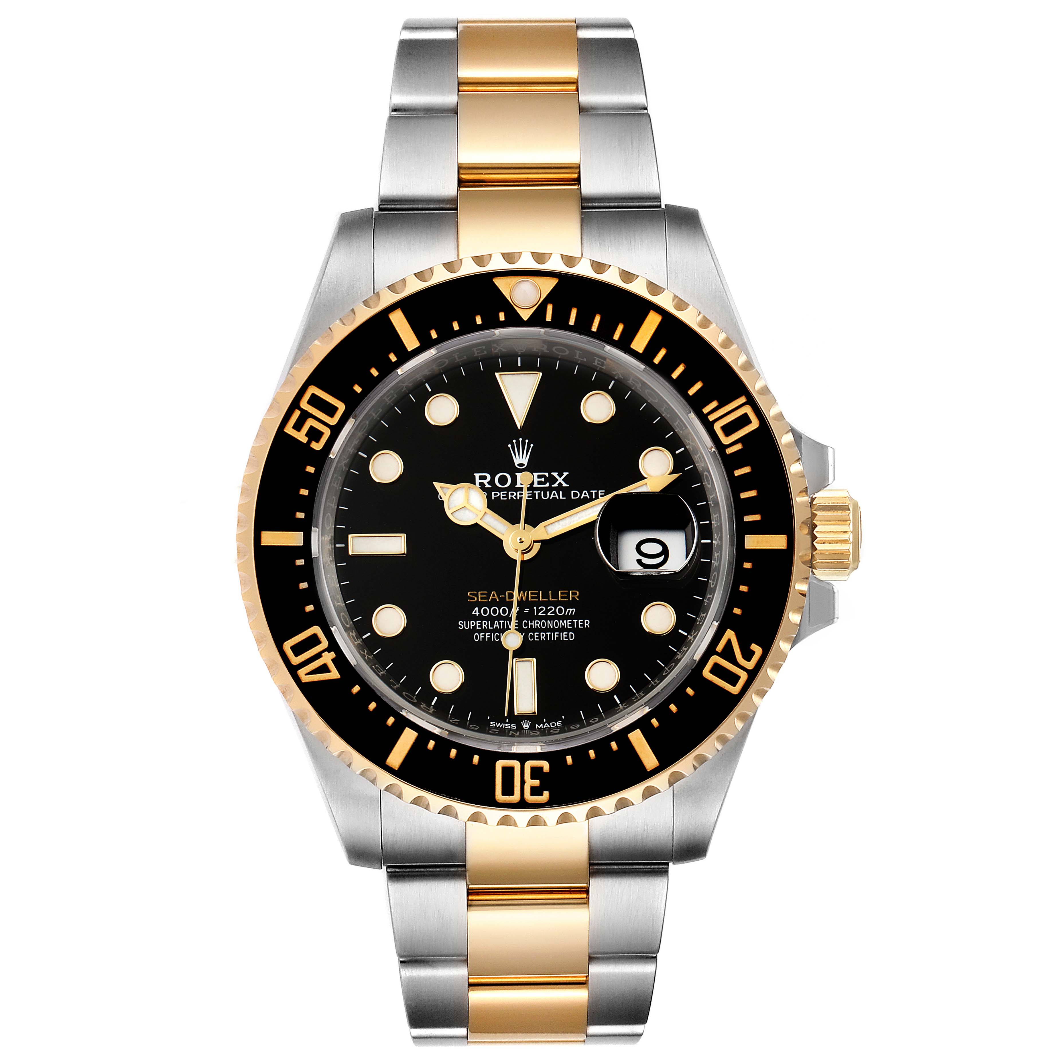 The Rolex Sea-Dweller 126603 Men
s Steel and Gold (two tone) Black Dial 126603 Men
s Steel and Gold (two tone) Black Dial watch is shown from a front angle, highlighting the dial, bezel, and mixed metal bracelet.
