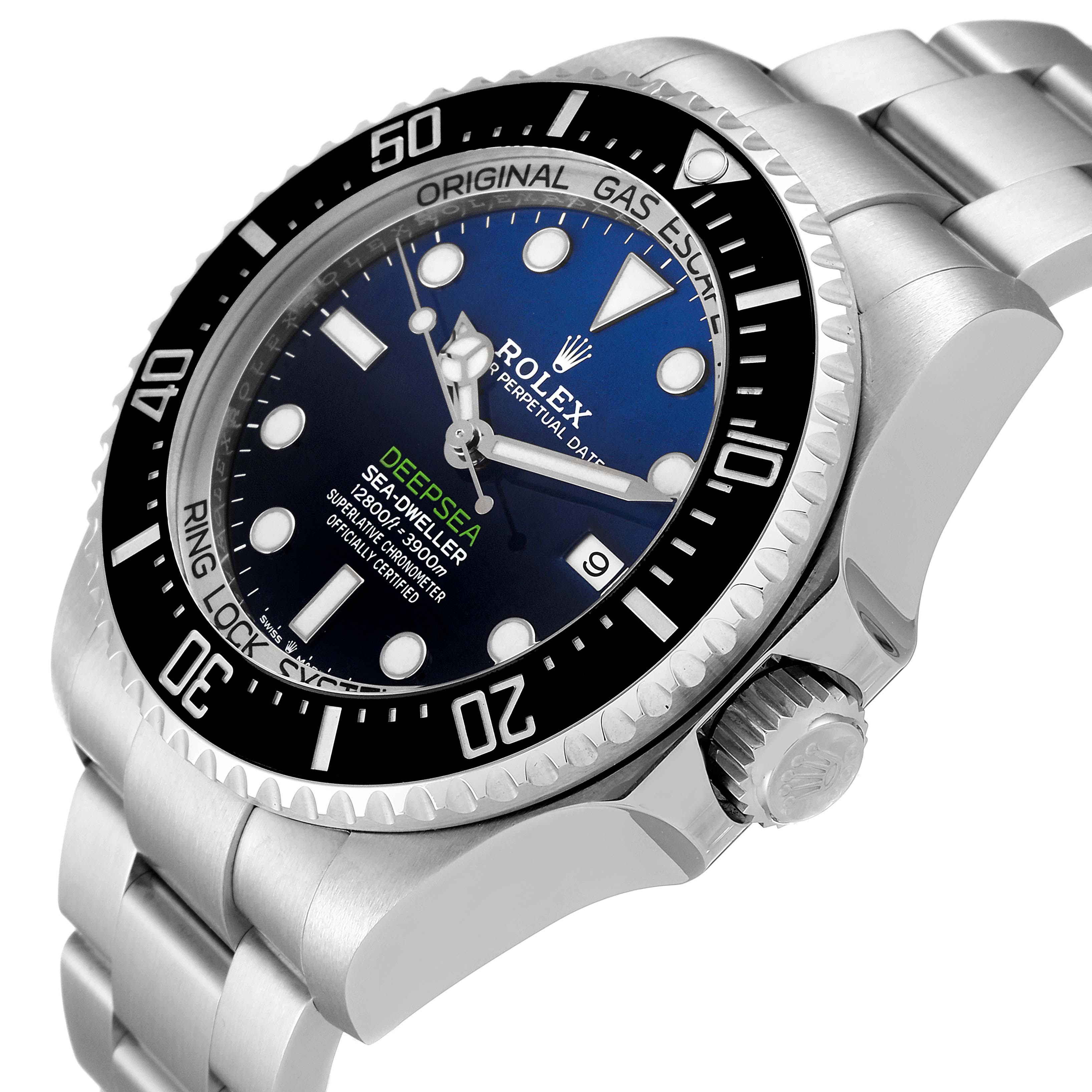 The image shows a partial side view of a Rolex Sea-Dweller 126660 Men
s Stainless Steel Blue Dial 126660 Men
s Stainless Steel Blue Dial watch, including the bezel, crown, and bracelet.