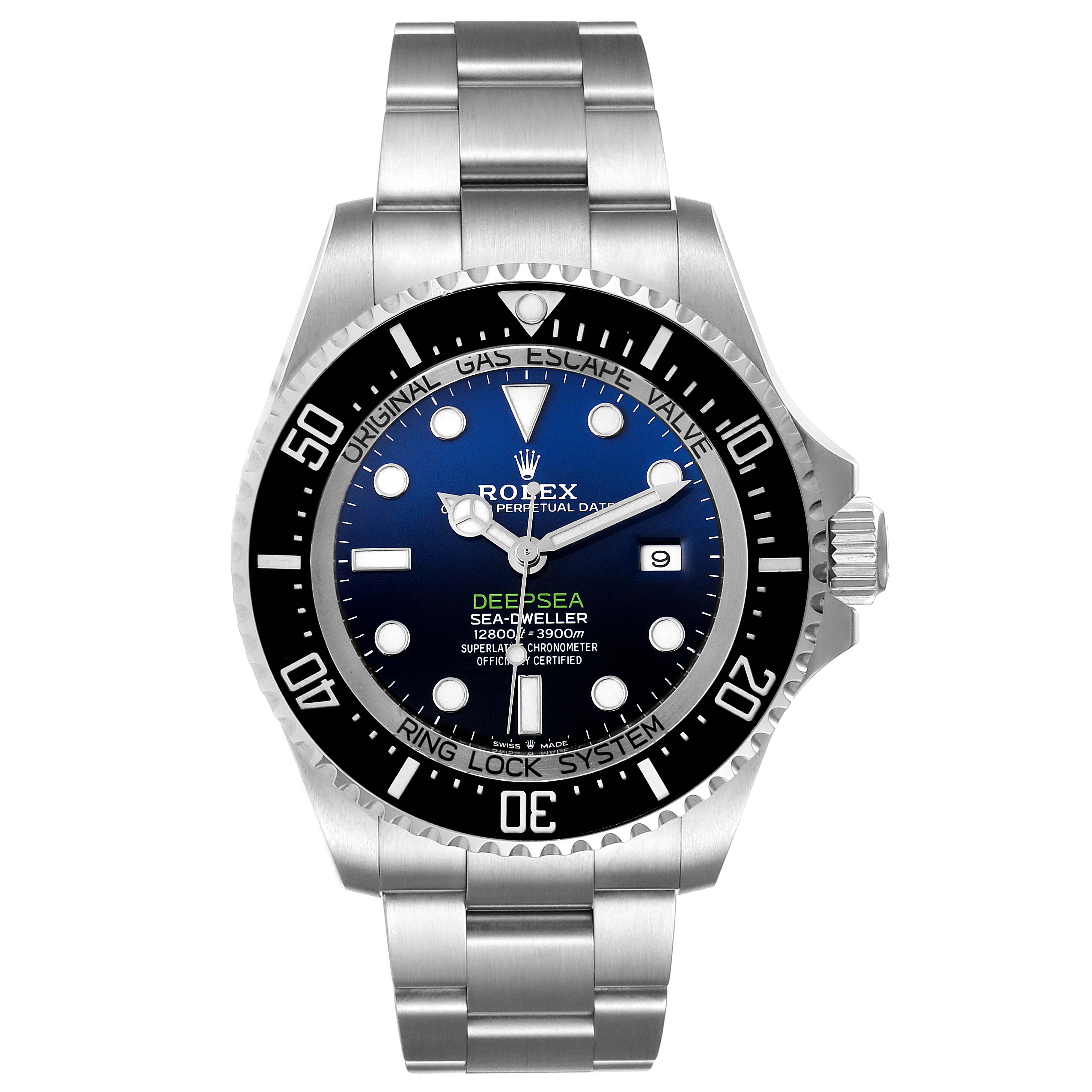 This image shows a front view of the Rolex Sea-Dweller 126660 Men
s Stainless Steel Blue Dial 126660 Men
s Stainless Steel Blue Dial watch, displaying its dial, bezel, and bracelet.