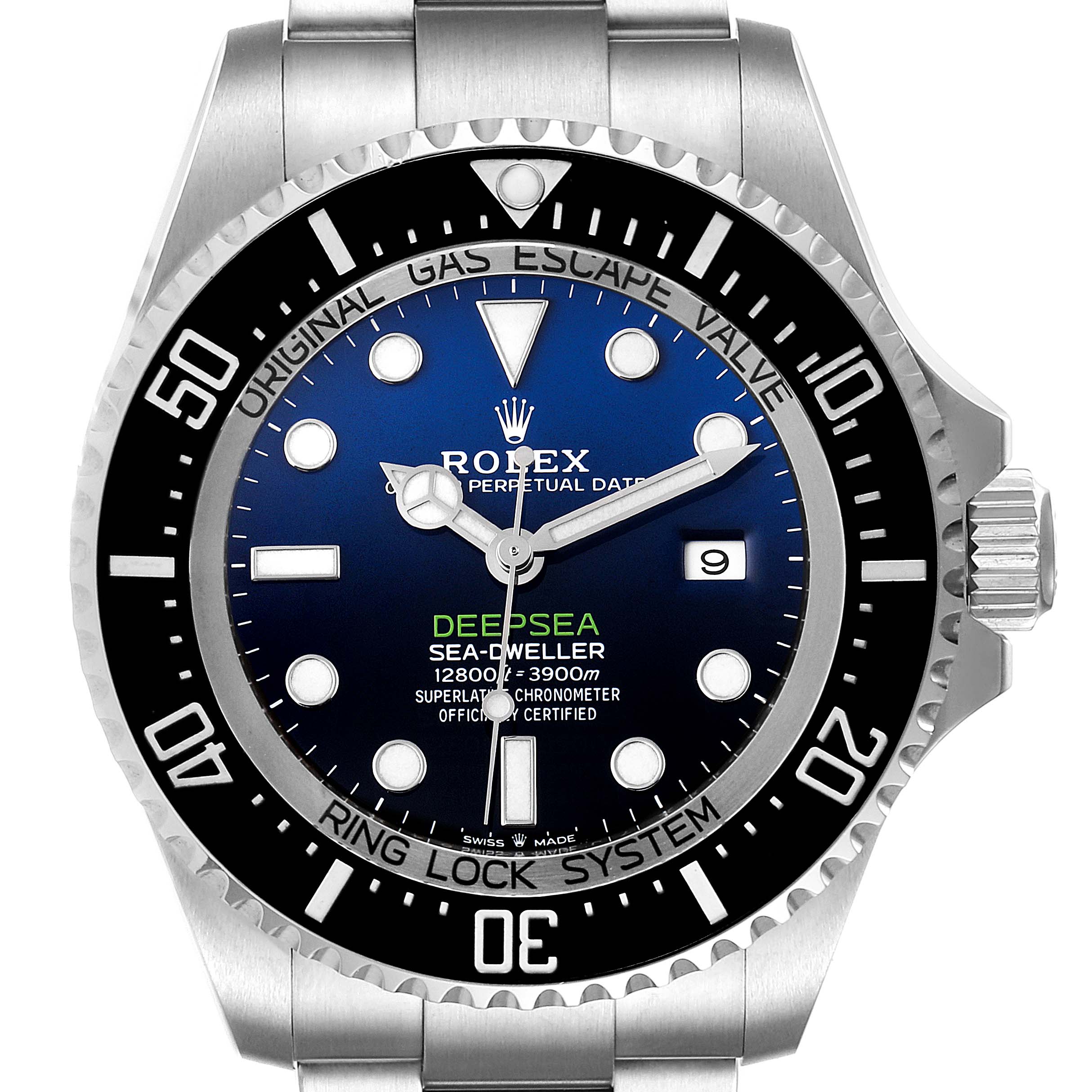 The image shows a straight-on view of the Rolex Sea-Dweller 126660 Men
s Stainless Steel Blue Dial 126660 Men
s Stainless Steel Blue Dial Deepsea watch, highlighting its dial, bezel, and bracelet.