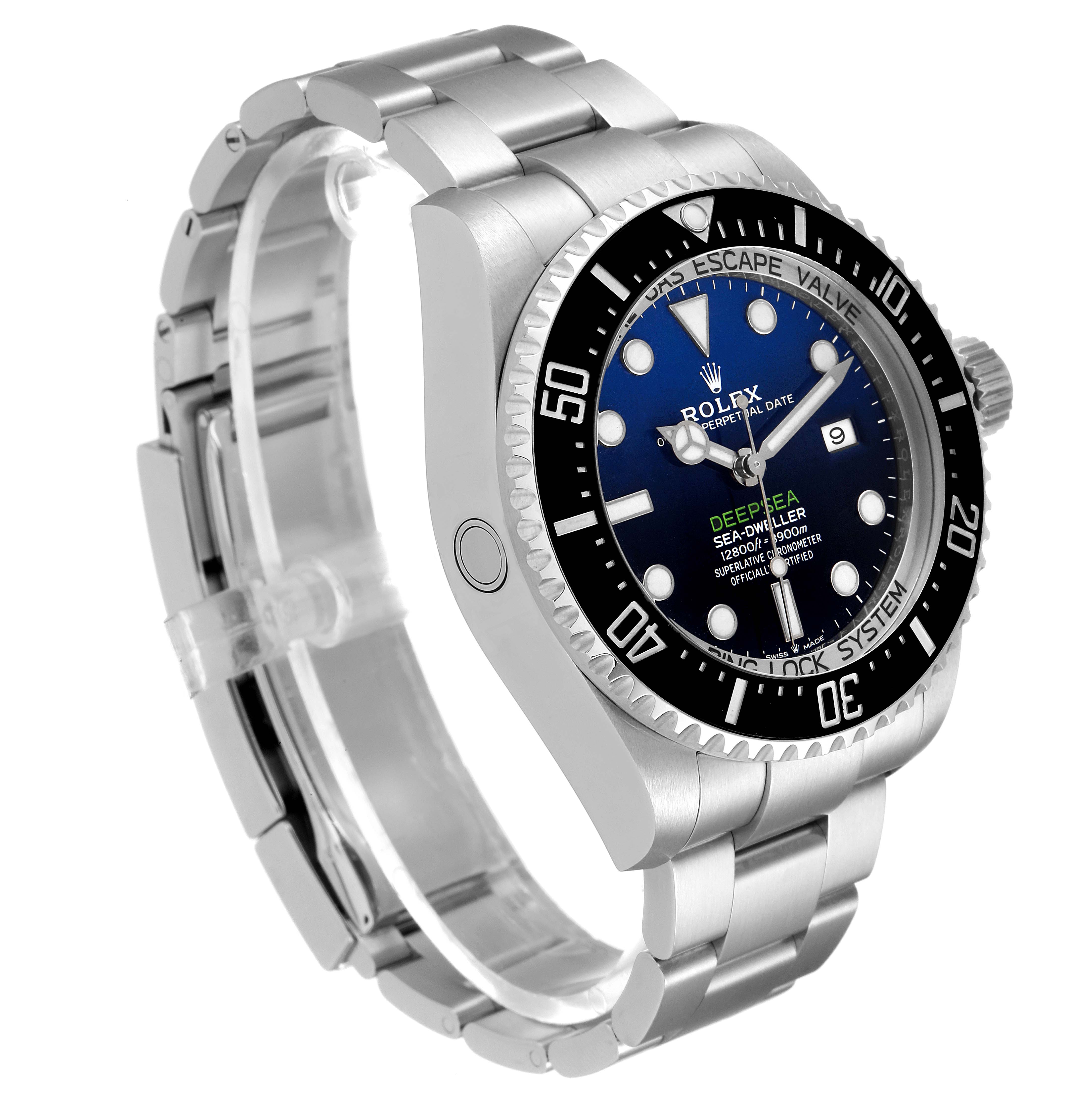 The image shows a Rolex Sea-Dweller 126660 Men
s Stainless Steel Blue Dial 126660 Men
s Stainless Steel Blue Dial watch from an angled side view, displaying the face, bezel, and part of the stainless steel bracelet.