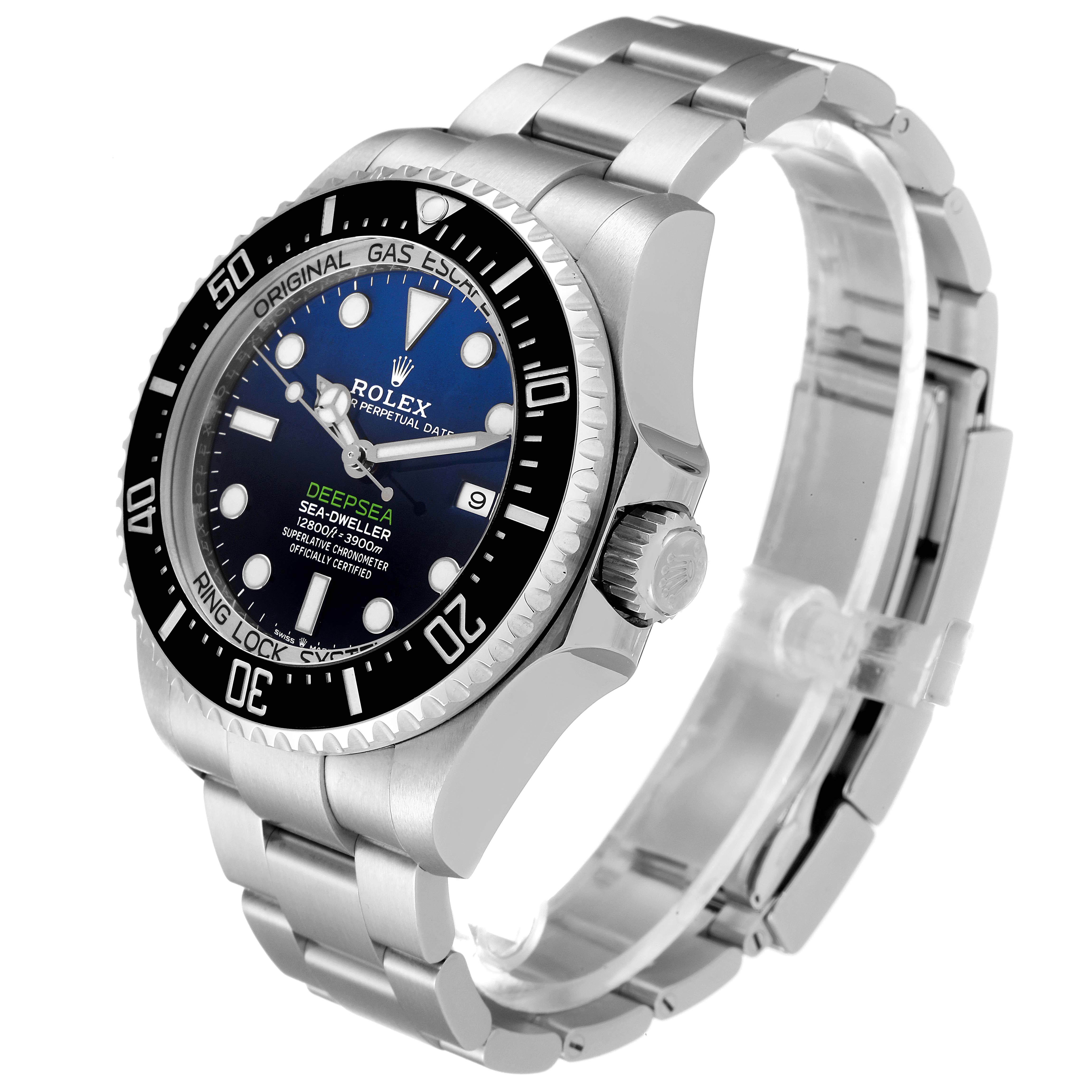 The image shows a Rolex Sea-Dweller 126660 Men
s Stainless Steel Blue Dial 126660 Men
s Stainless Steel Blue Dial from a three-quarter angle, displaying the face, bezel, crown, and bracelet.