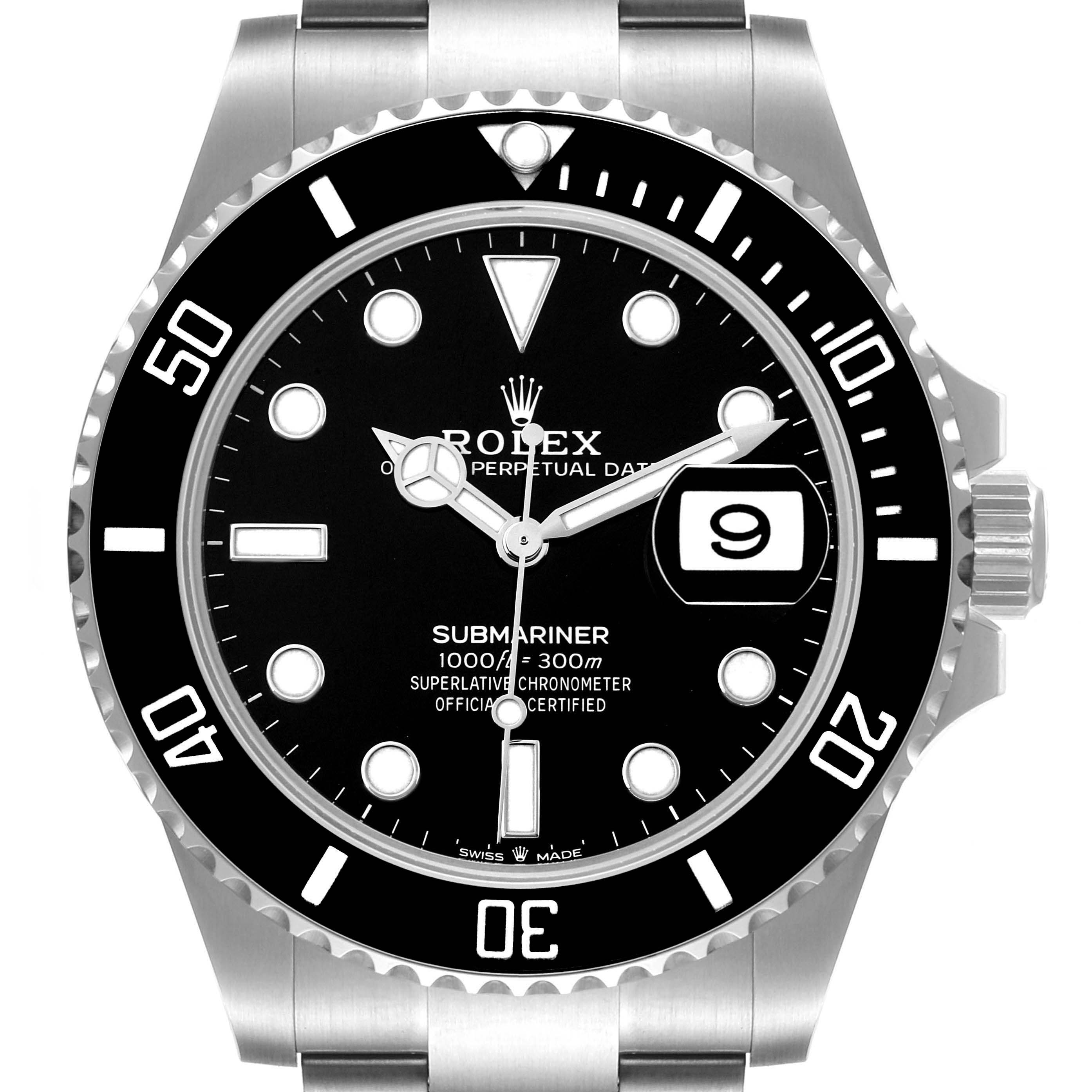 The image shows a front view of the Rolex Submariner 126610 Men
s Stainless Steel Black Dial 126610 Men
s Stainless Steel Black Dial watch face and bezel, including its hands, date window, and stainless steel bracelet.
