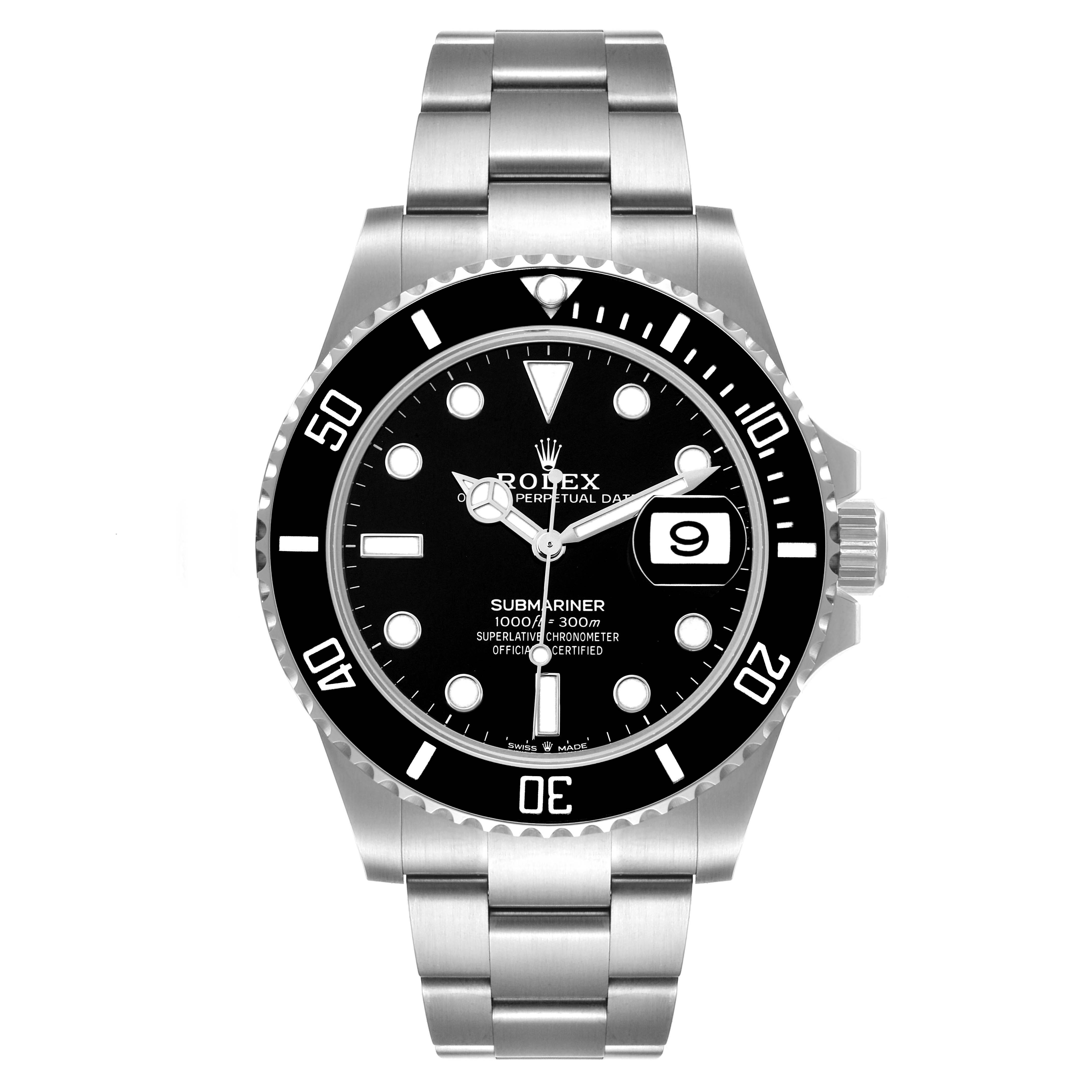 The image shows a front view of a Rolex Submariner 126610 Men
s Stainless Steel Black Dial 126610 Men
s Stainless Steel Black Dial watch, displaying the dial, bezel, bracelet, and crown.