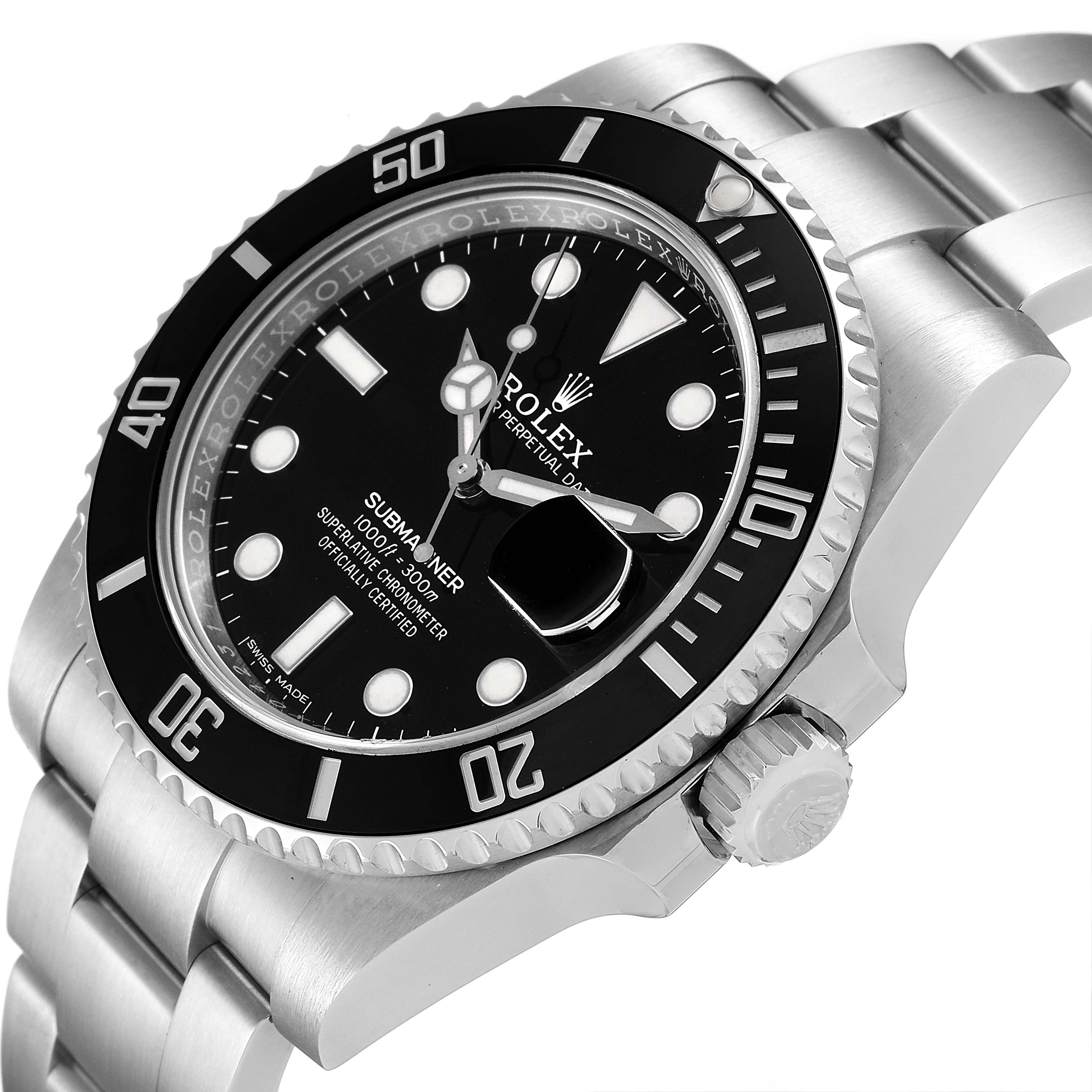 This image shows a close-up angle of the Rolex Submariner 116610 Men
s Stainless Steel Black Dial 116610 Men
s Stainless Steel Black Dial, highlighting its bezel, dial, crown, and part of the bracelet.