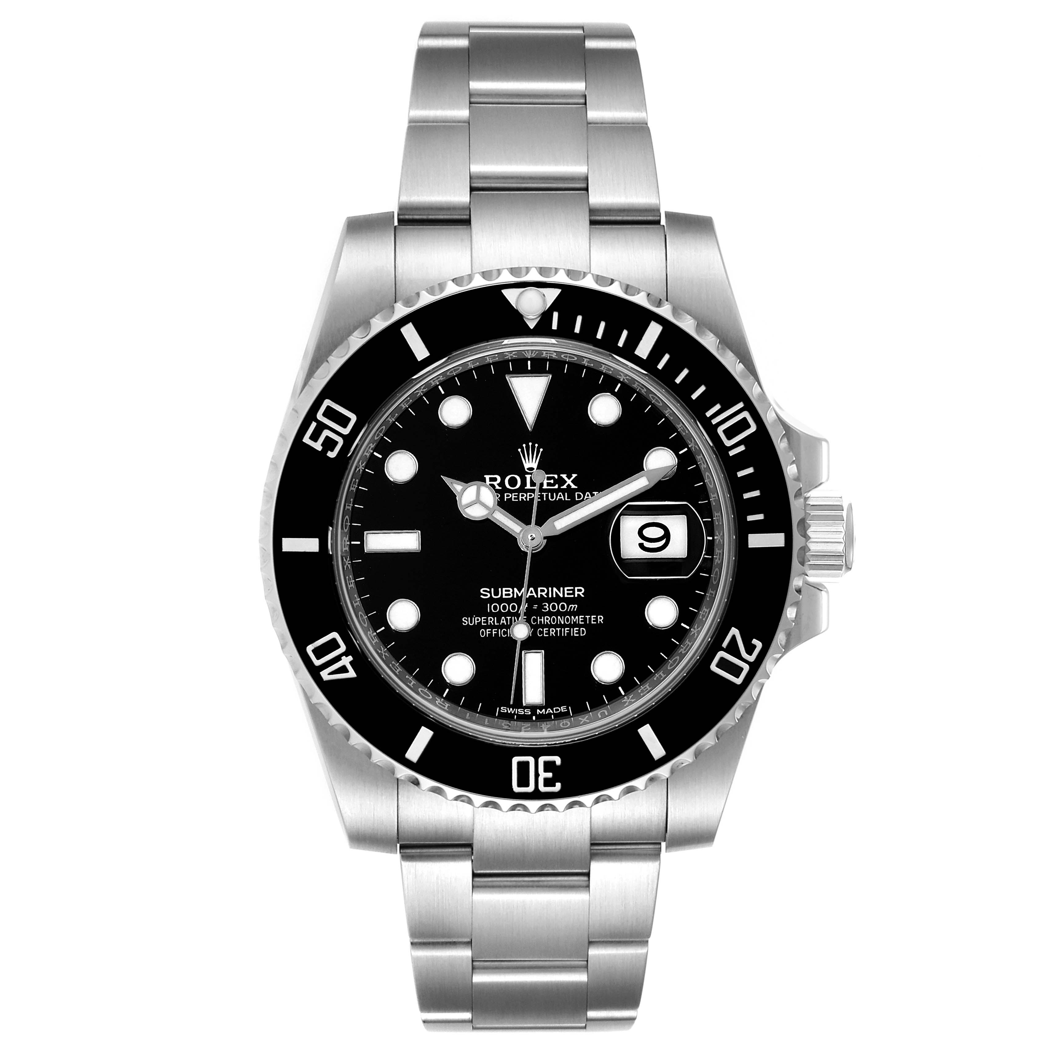 The Submariner model by Rolex is shown from a front angle, displaying the entire watch including the dial, bezel, and bracelet.