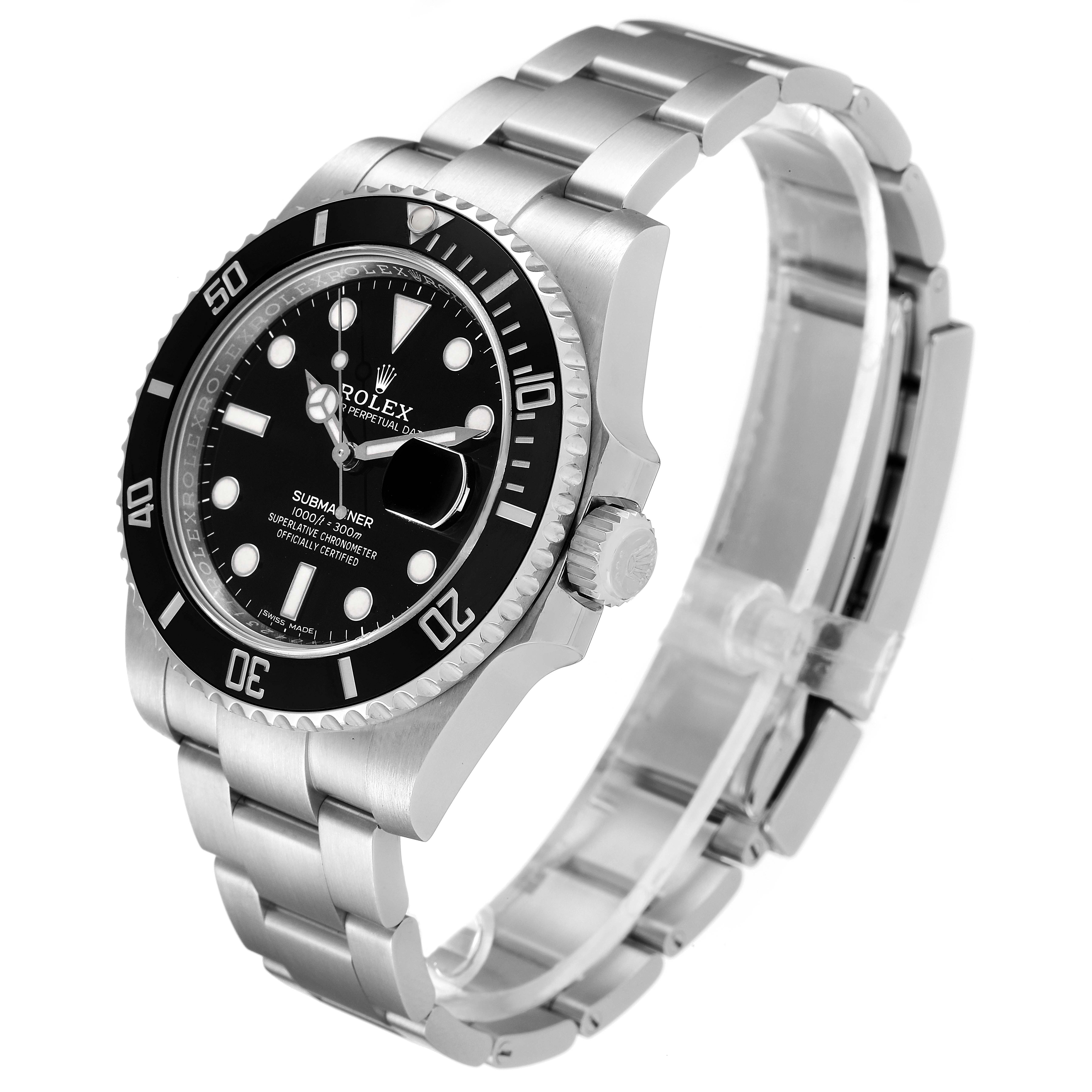 This image shows a side angle of the Rolex Submariner 116610 Men
s Stainless Steel Black Dial 116610 Men
s Stainless Steel Black Dial watch, highlighting its black bezel, dial, and stainless steel bracelet.