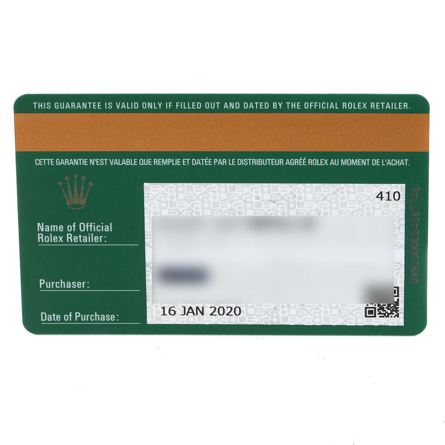 This image shows a guarantee card for a Rolex Submariner 116610 Men
s Stainless Steel Black Dial 116610 Men
s Stainless Steel Black Dial watch.