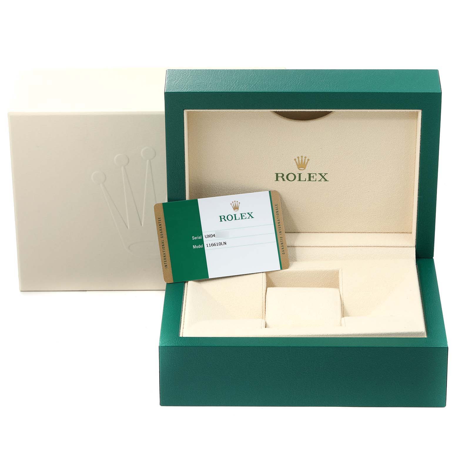 The image shows the empty watch box and Best Quality
ity card for a Rolex Submariner 116610 Men
s Stainless Steel Black Dial 116610 Men
s Stainless Steel Black Dial model.