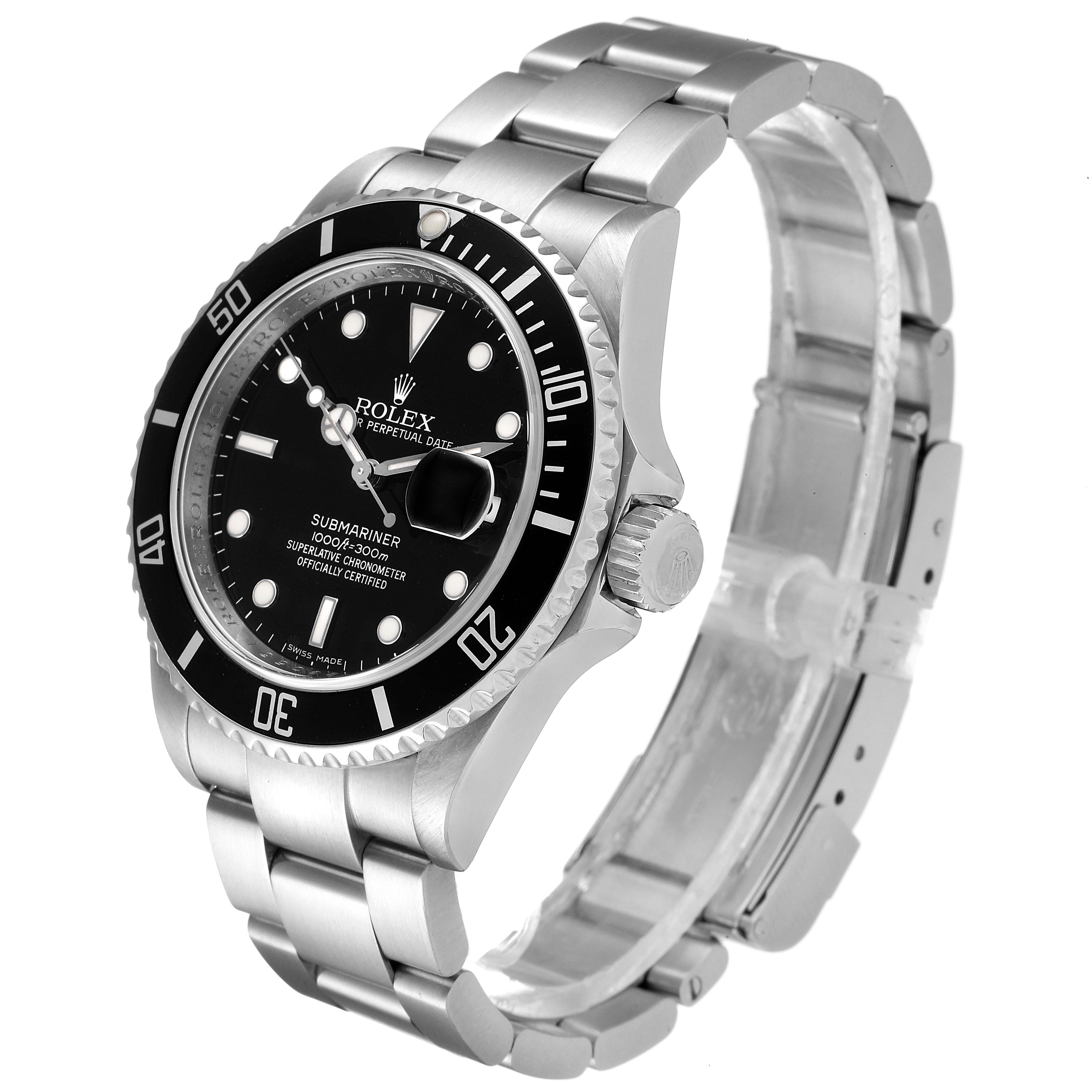 The image shows a Rolex Submariner 16610 Men's Stainless Steel Black Dial 16610 Men's Stainless Steel Black Dial watch at a slight angle, displaying the face, case, bezel, crown, and bracelet.