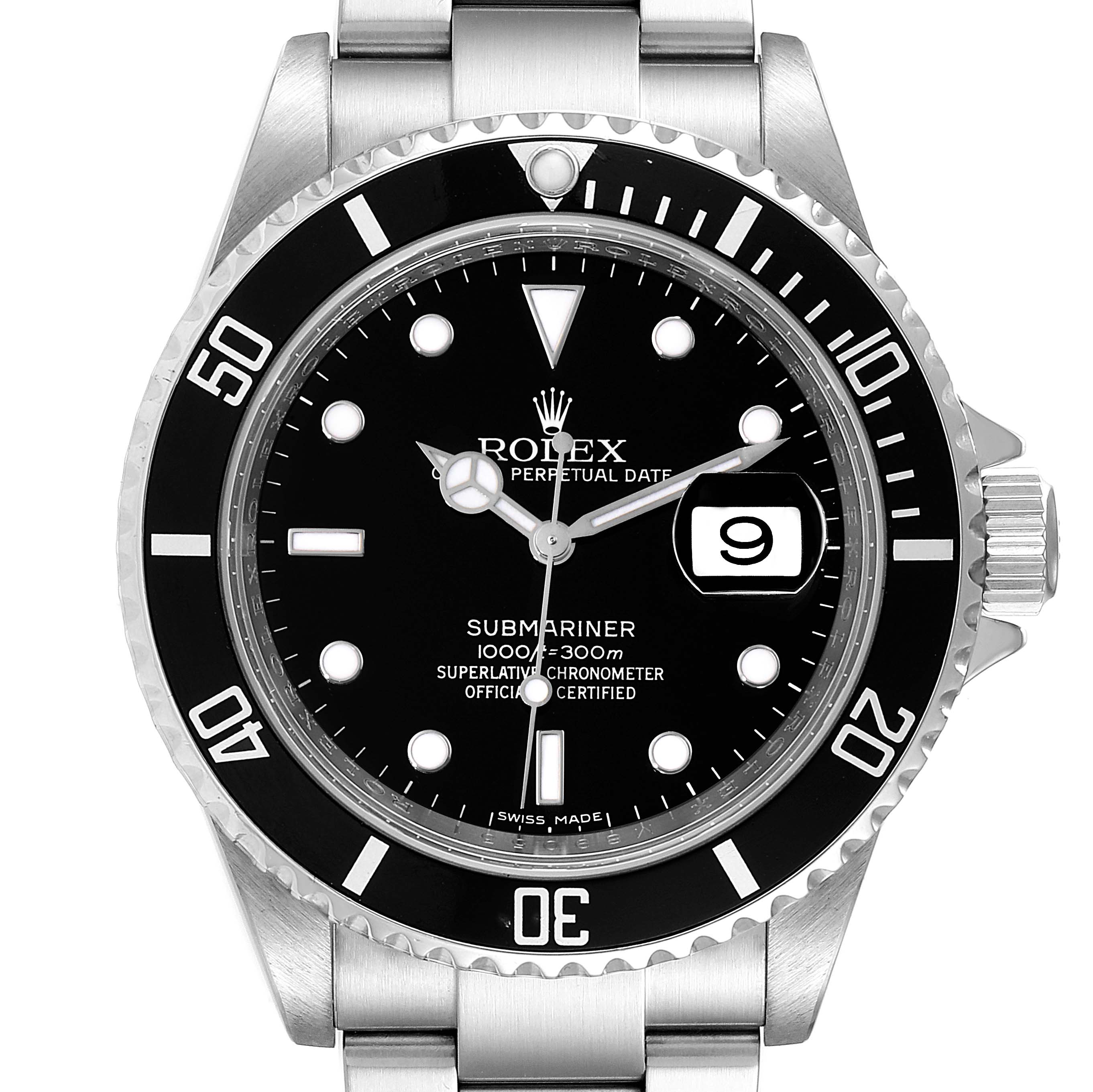 This image shows a front view of a Rolex Submariner 16610 Men's Stainless Steel Black Dial 16610 Men's Stainless Steel Black Dial watch, displaying the dial, bezel, crown, and part of the bracelet.