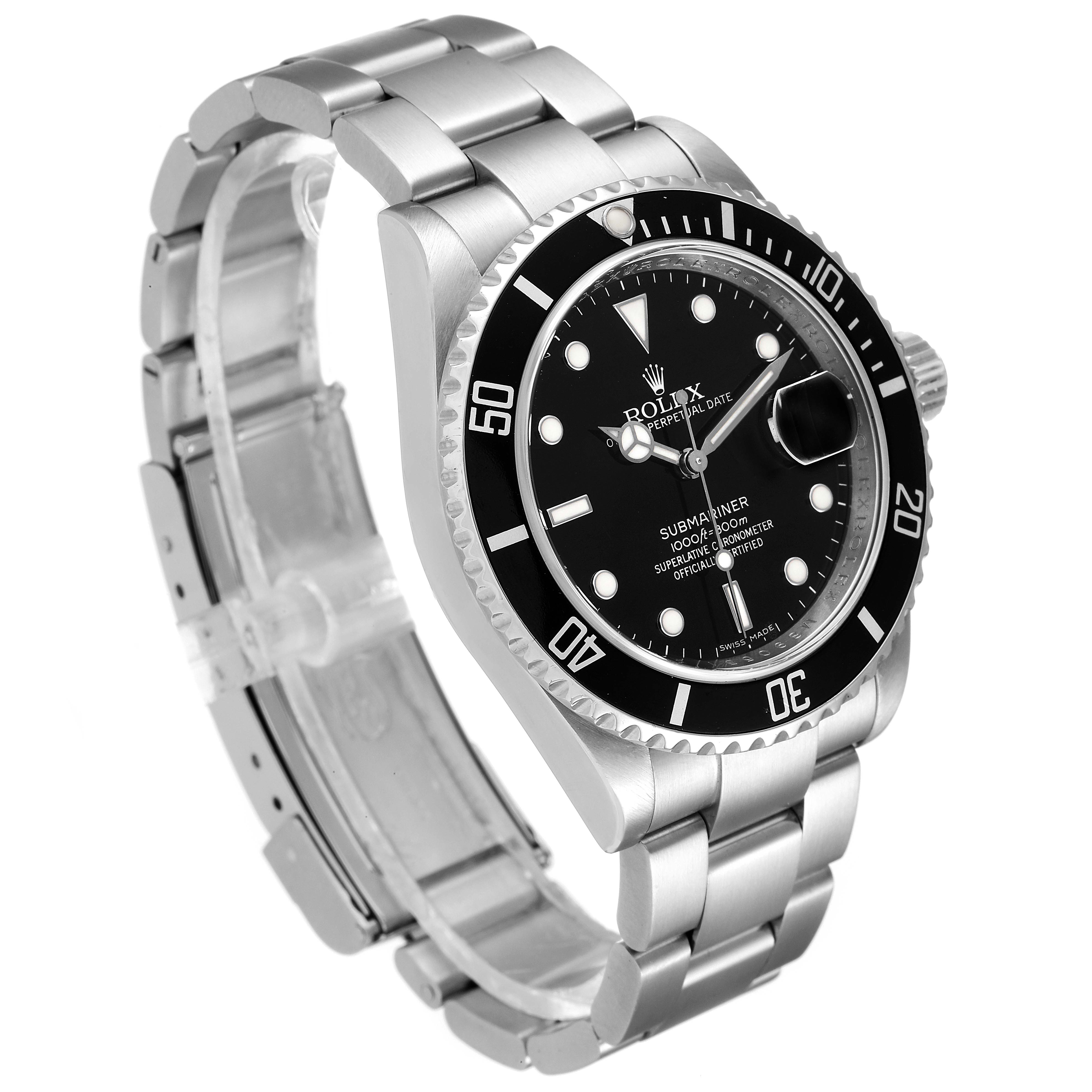 The image shows a Rolex Submariner 16610 Men's Stainless Steel Black Dial 16610 Men's Stainless Steel Black Dial watch at a three-quarter angle, highlighting the face, bezel, bracelet, and crown.