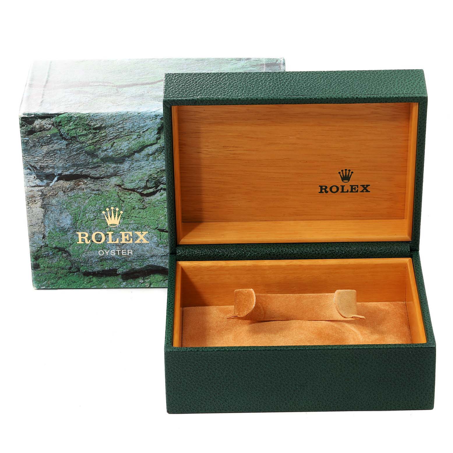 The image shows an open green Rolex watch box with the inner lining visible, along with the outer packaging for a Submariner model by Rolex.