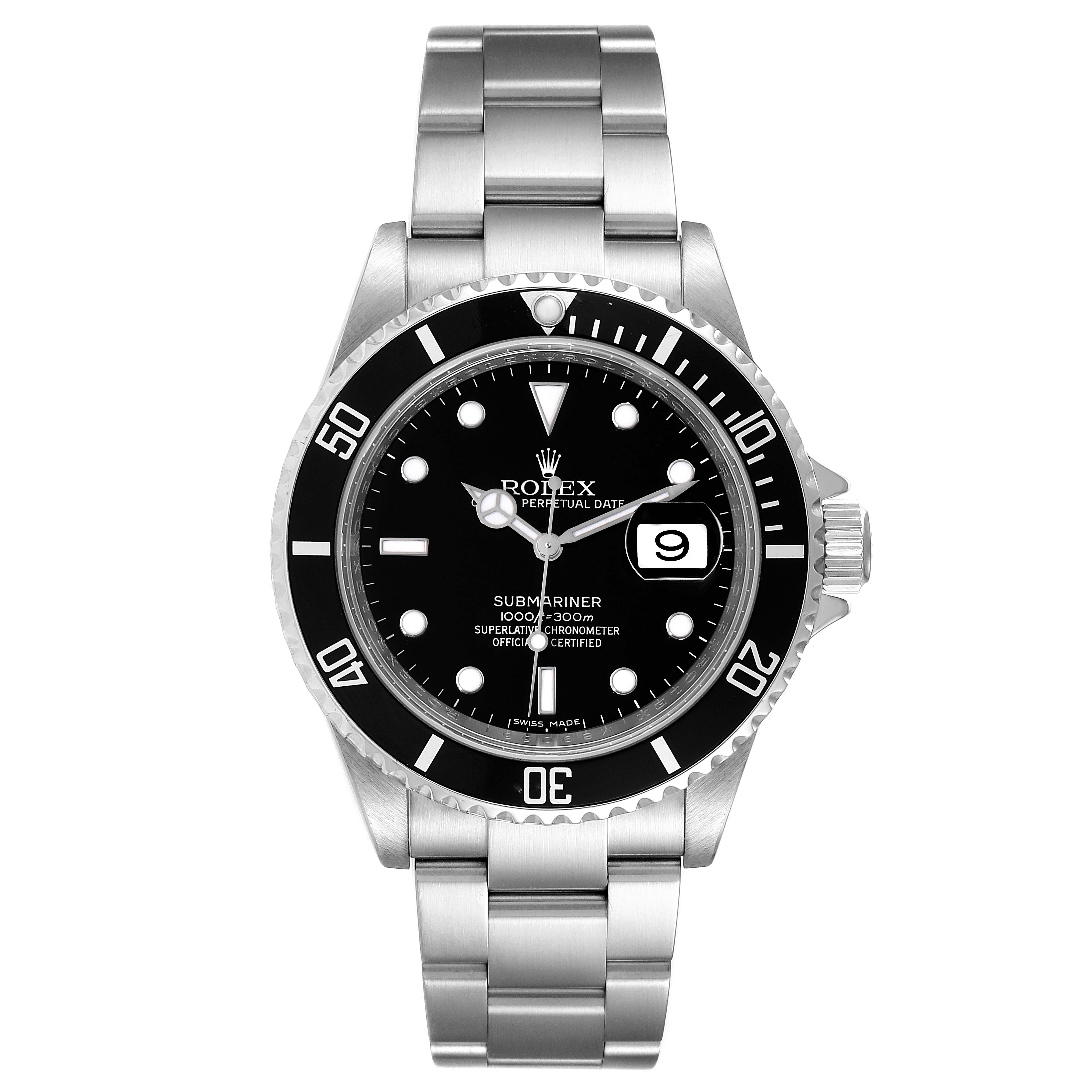 This image shows a front view of the Rolex Submariner 16610 Men's Stainless Steel Black Dial 16610 Men's Stainless Steel Black Dial watch, displaying the dial, bezel, bracelet, and crown.