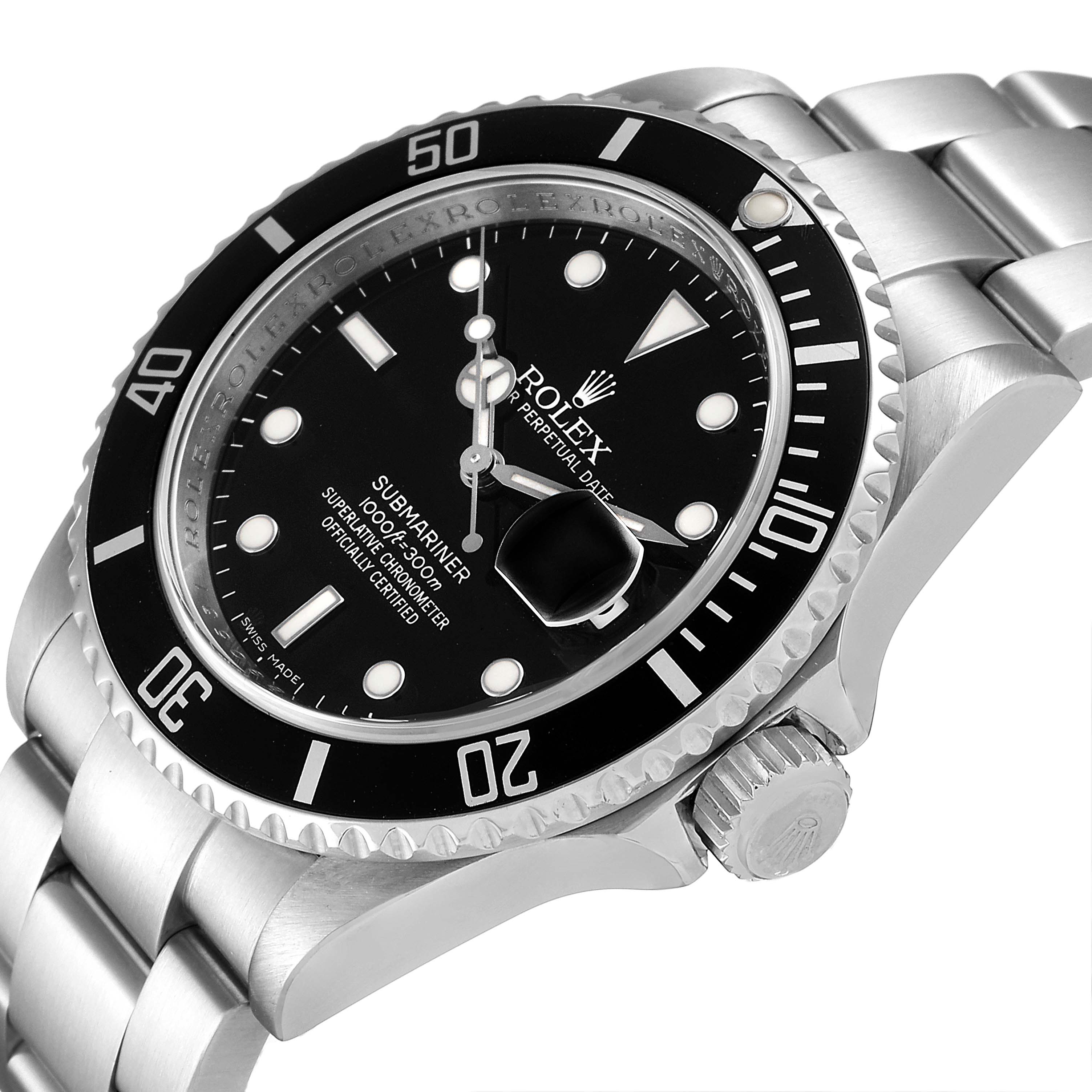 The image shows a close-up of the Rolex Submariner 16610 Men's Stainless Steel Black Dial 16610 Men's Stainless Steel Black Dial watch face, bezel, crown, and part of the bracelet from an angled perspective.
