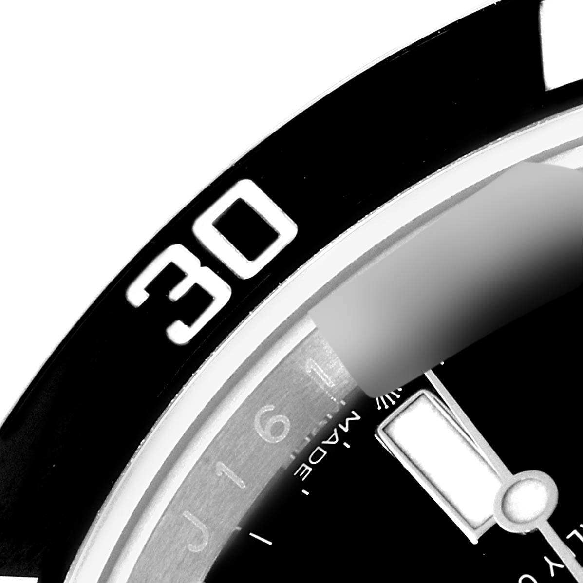 The image shows a close-up of the bezel and part of the dial of a Rolex Submariner 126610 Men
s Stainless Steel Black Dial 126610 Men
s Stainless Steel Black Dial watch, highlighting the "30" minute marker.