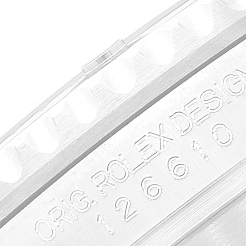 The image shows a close-up of the bezel and case with the serial engravings of a Rolex Submariner 126610 Men
s Stainless Steel Black Dial 126610 Men
s Stainless Steel Black Dial model watch.