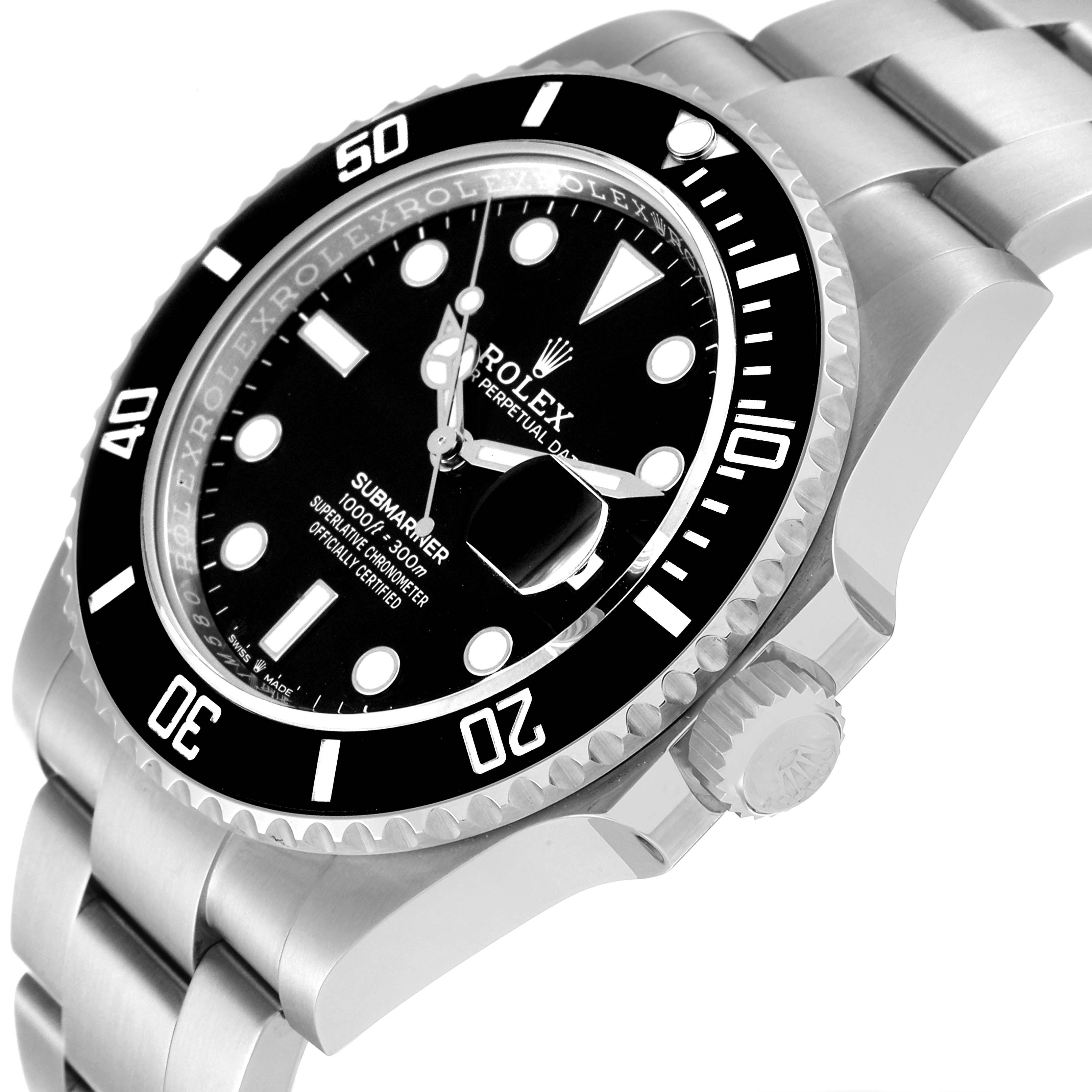 The image shows a side angle of the Rolex Submariner 126610 Men
s Stainless Steel Black Dial 126610 Men
s Stainless Steel Black Dial watch, highlighting the bezel, dial, crown, and stainless steel bracelet.
