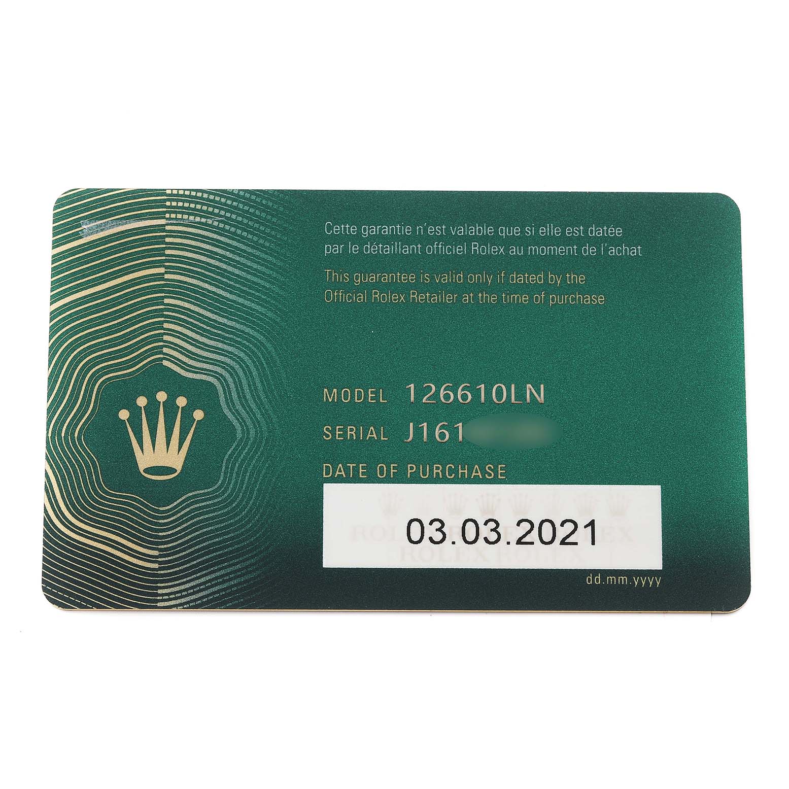 This image shows the warranty card for a Rolex Submariner 126610 Men
s Stainless Steel Black Dial 126610 Men
s Stainless Steel Black Dial model 126610LN, including model, serial number, and date of purchase.