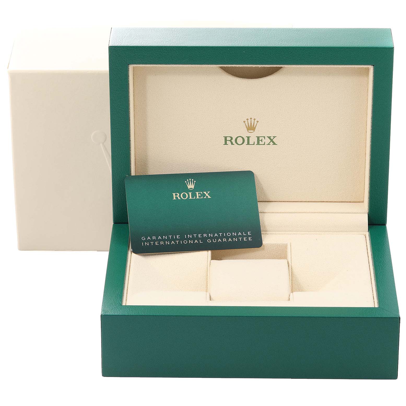 The image shows an open Rolex Submariner 126610 Men
s Stainless Steel Black Dial 126610 Men
s Stainless Steel Black Dial watch box and a guarantee card placed inside.