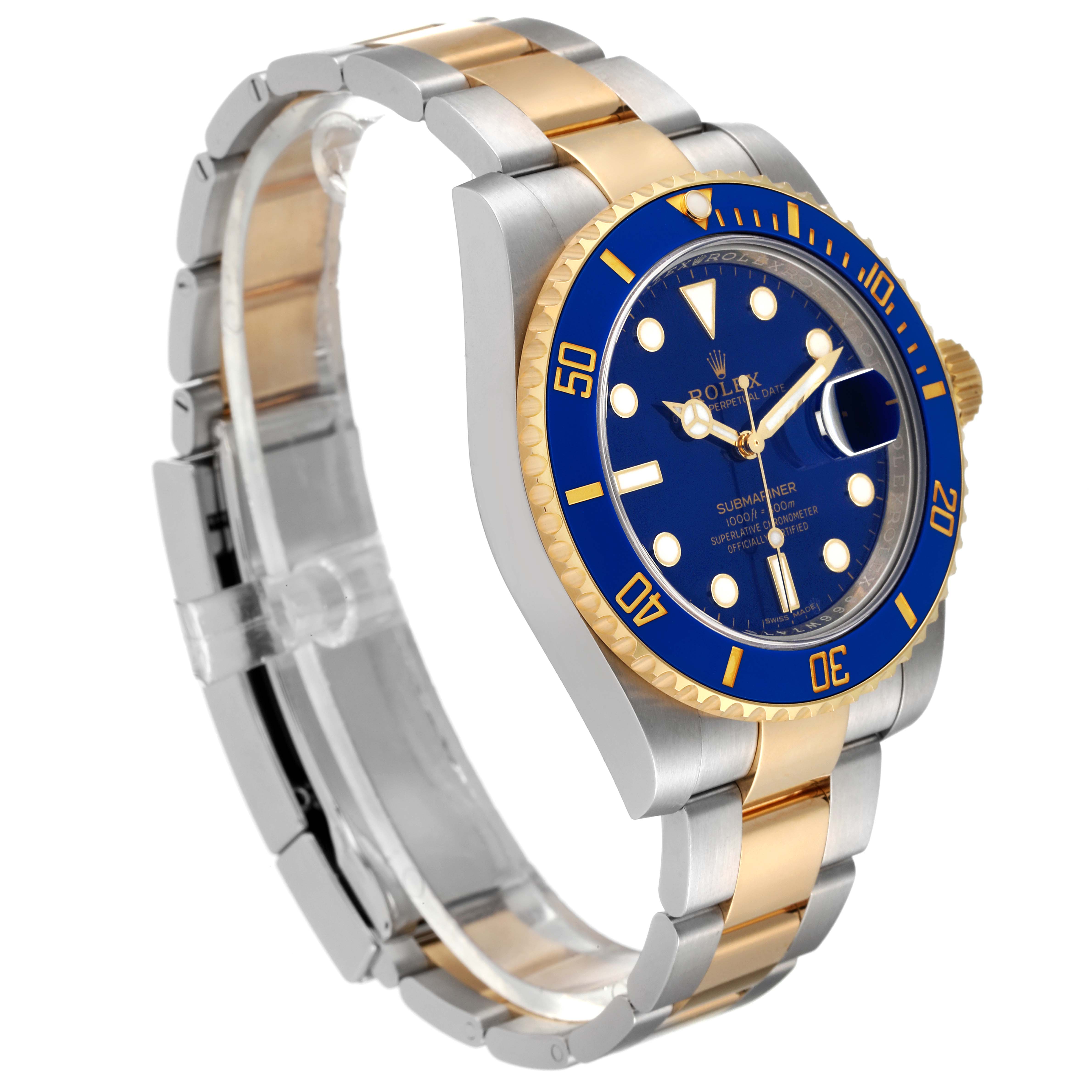 This image shows a Rolex Submariner 116613 Men's Steel and Gold (two tone) Blue Dial 116613 Men's Steel and Gold (two tone) Blue Dial watch at a three-quarter angle, highlighting its blue dial, two-tone bezel, and bracelet.