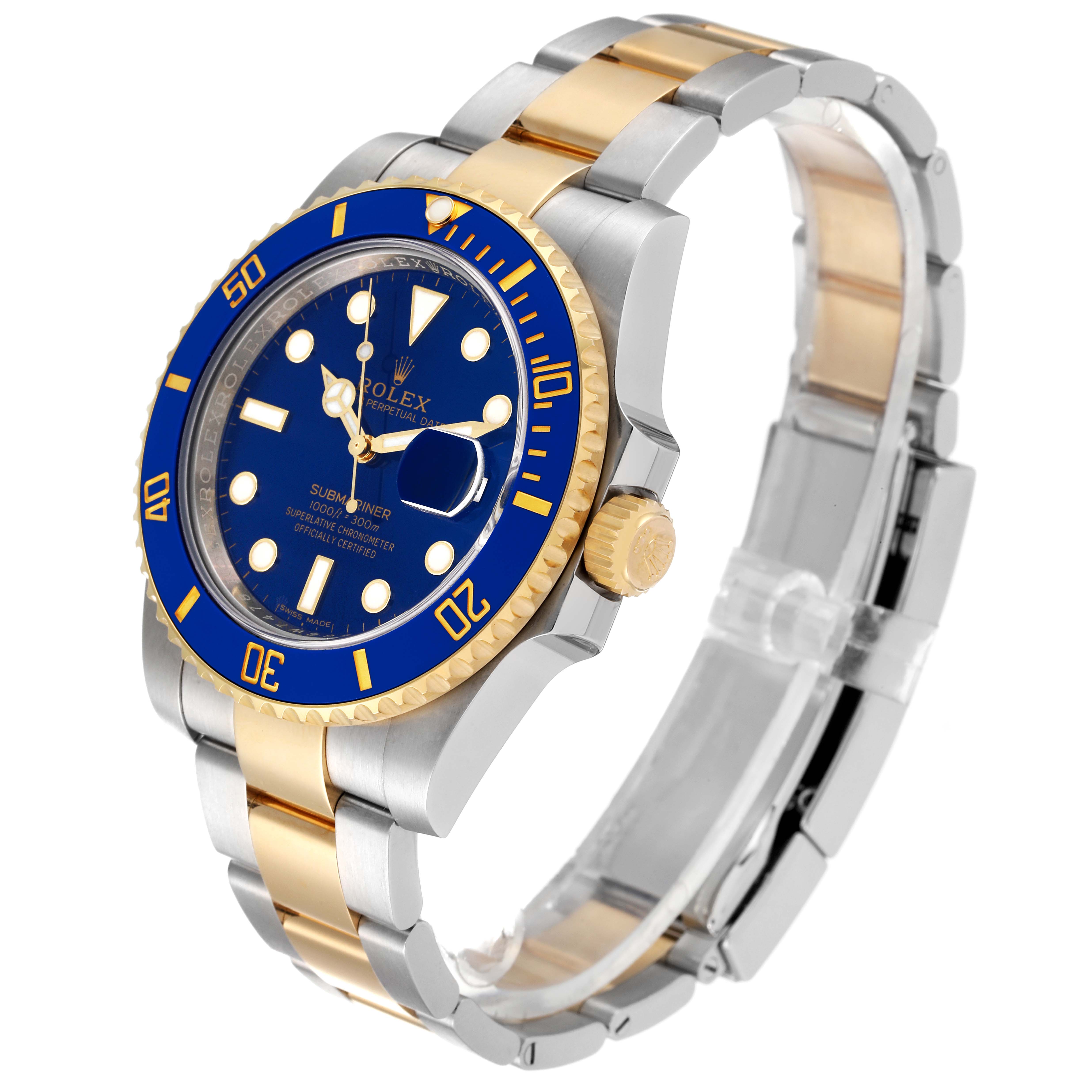This Rolex Submariner 116613 Men's Steel and Gold (two tone) Blue Dial 116613 Men's Steel and Gold (two tone) Blue Dial watch is shown at an angle displaying the face, bezel, crown, and part of the bracelet.