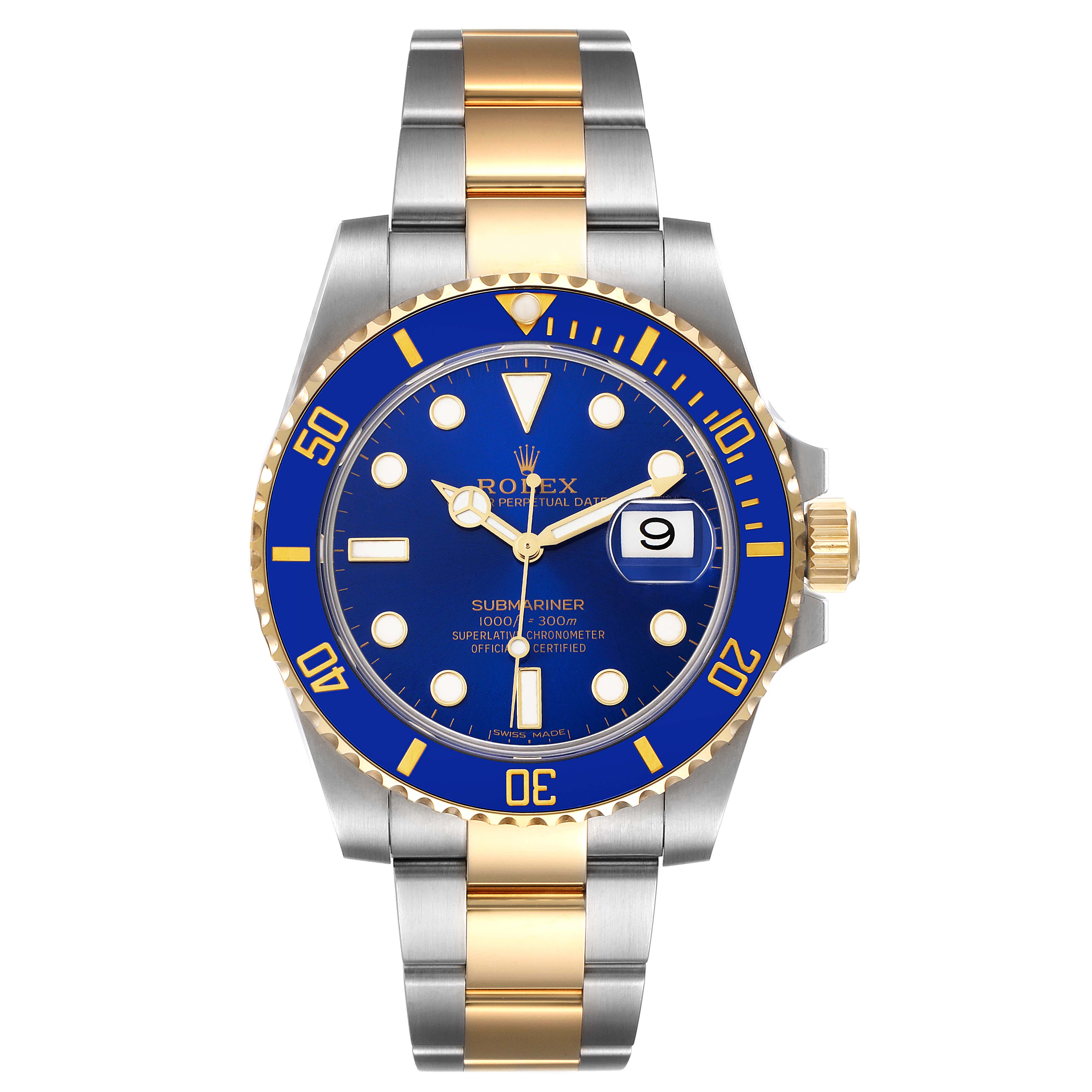 The image shows a front view of the Rolex Submariner 116613 Men's Steel and Gold (two tone) Blue Dial 116613 Men's Steel and Gold (two tone) Blue Dial watch, displaying its blue dial and two-tone bracelet.