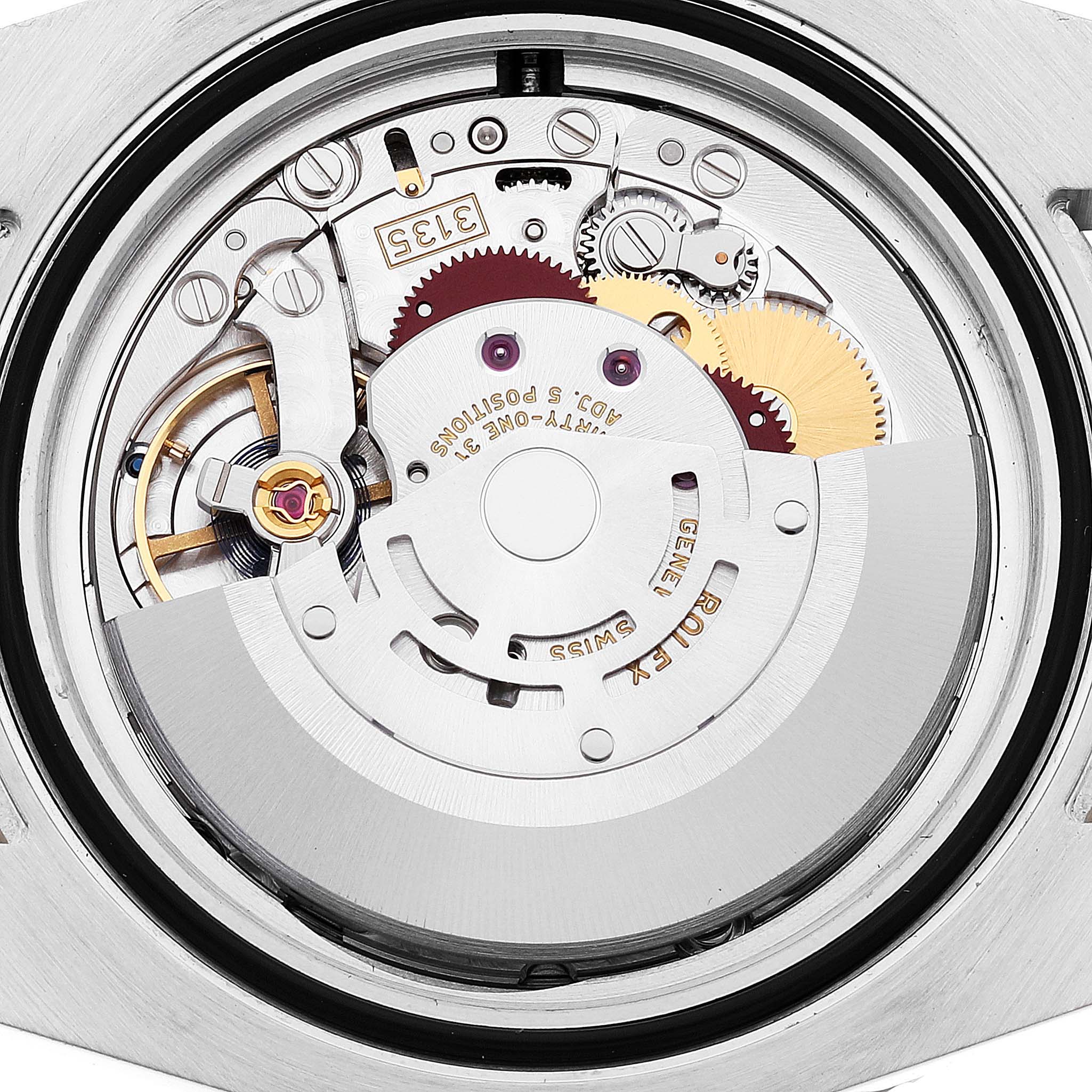 The image shows the internal mechanical movement of a Rolex Submariner 116613 Men's Steel and Gold (two tone) Blue Dial 116613 Men's Steel and Gold (two tone) Blue Dial watch from a back angle.