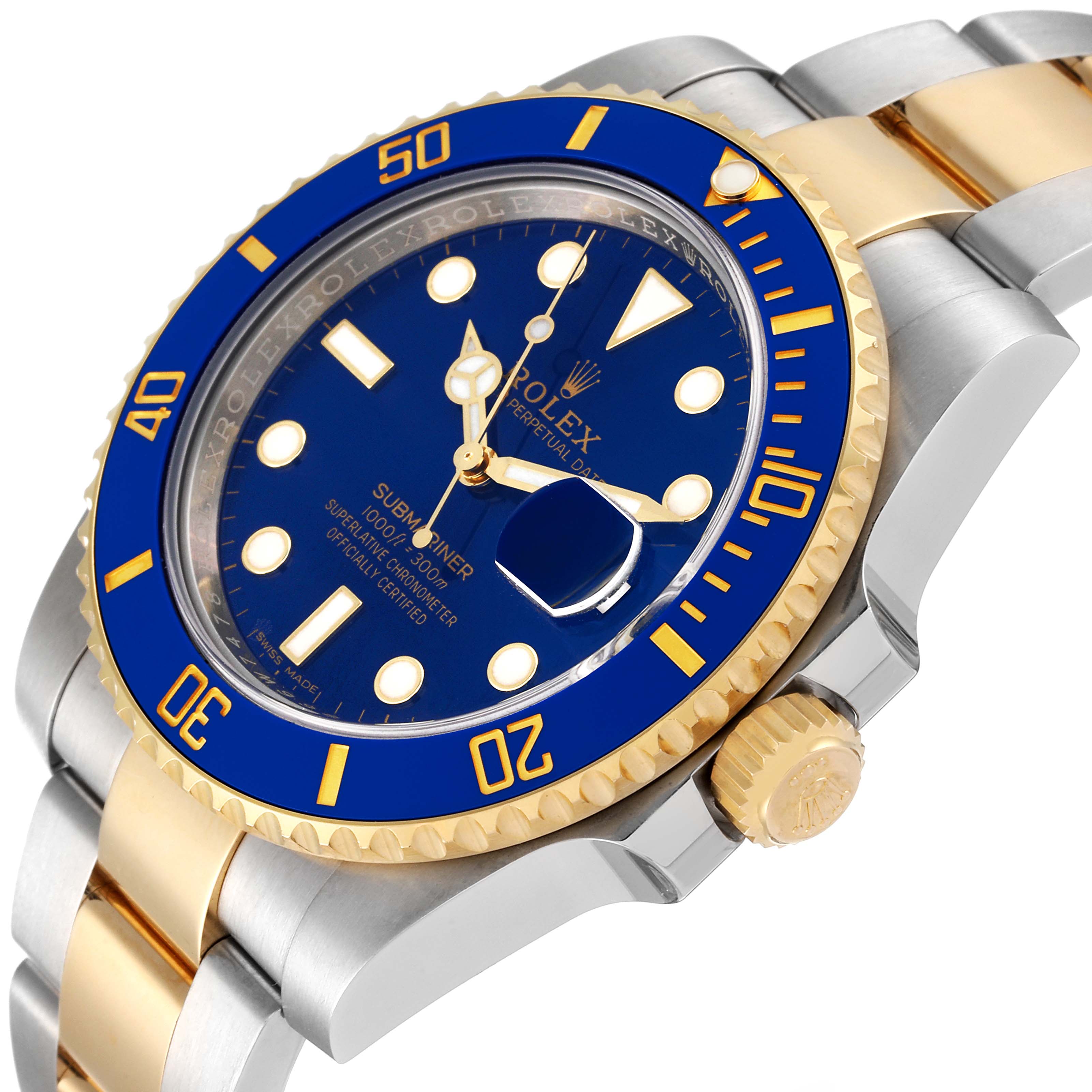 This image shows a close-up oblique view of a Rolex Submariner 116613 Men's Steel and Gold (two tone) Blue Dial 116613 Men's Steel and Gold (two tone) Blue Dial, highlighting its blue bezel, dial, crown, and two-tone bracelet.