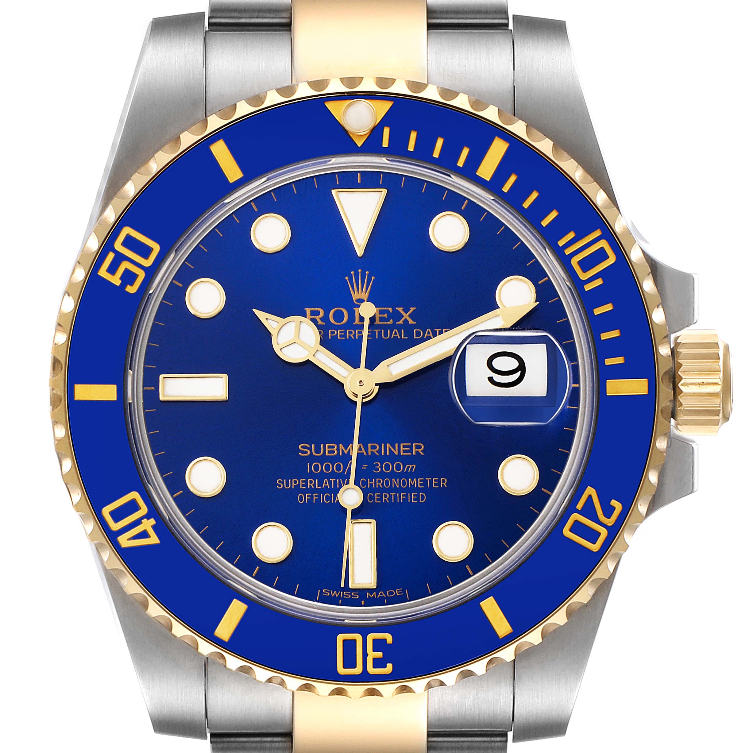 This image shows the front view of a Rolex Submariner 116613 Men's Steel and Gold (two tone) Blue Dial 116613 Men's Steel and Gold (two tone) Blue Dial watch, highlighting the blue dial, bezel, date window, and gold accents.