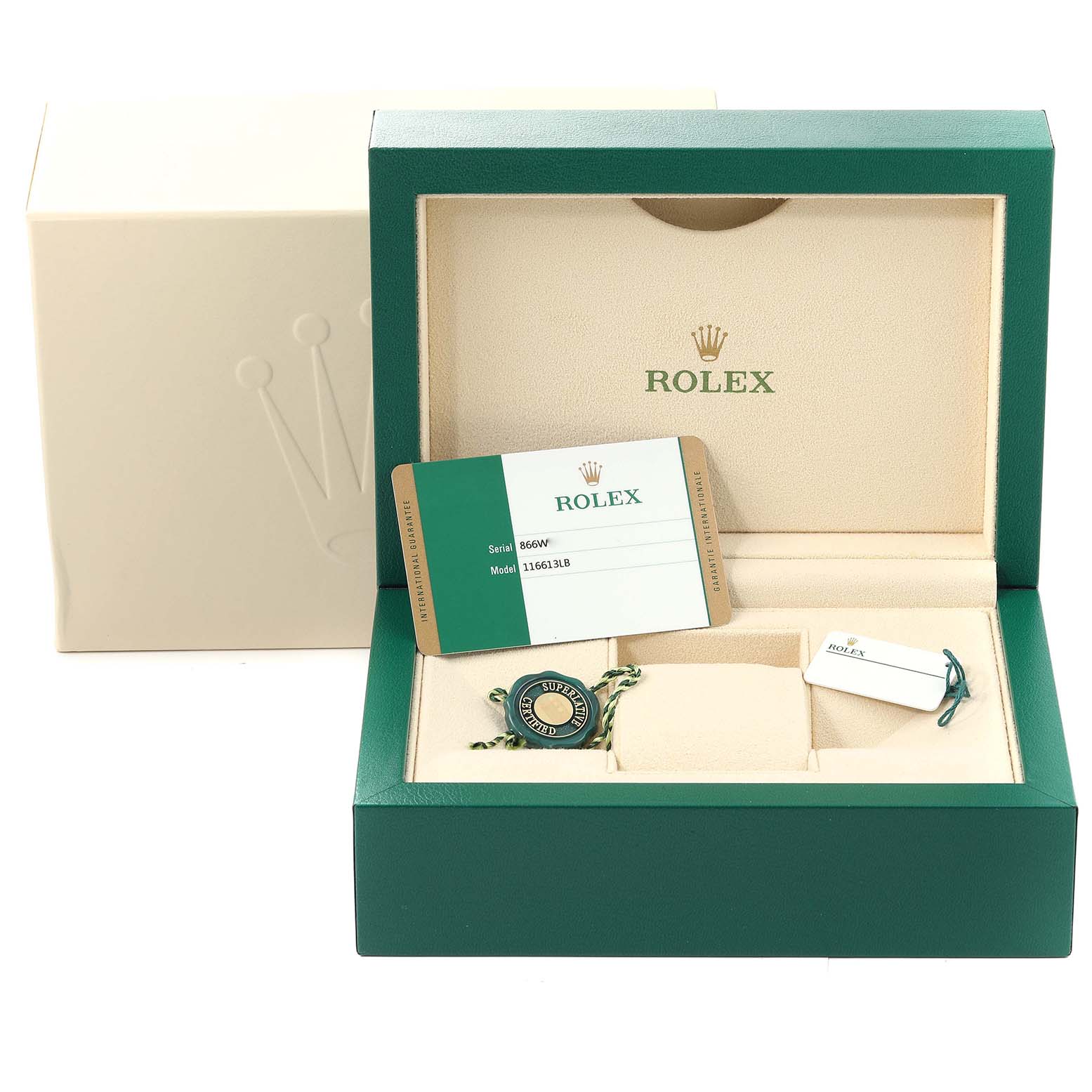 The image shows the packaging and accessories of a Rolex Submariner 116613 Men's Steel and Gold (two tone) Blue Dial 116613 Men's Steel and Gold (two tone) Blue Dial, including the warranty card, hang tags, and inner and outer boxes.