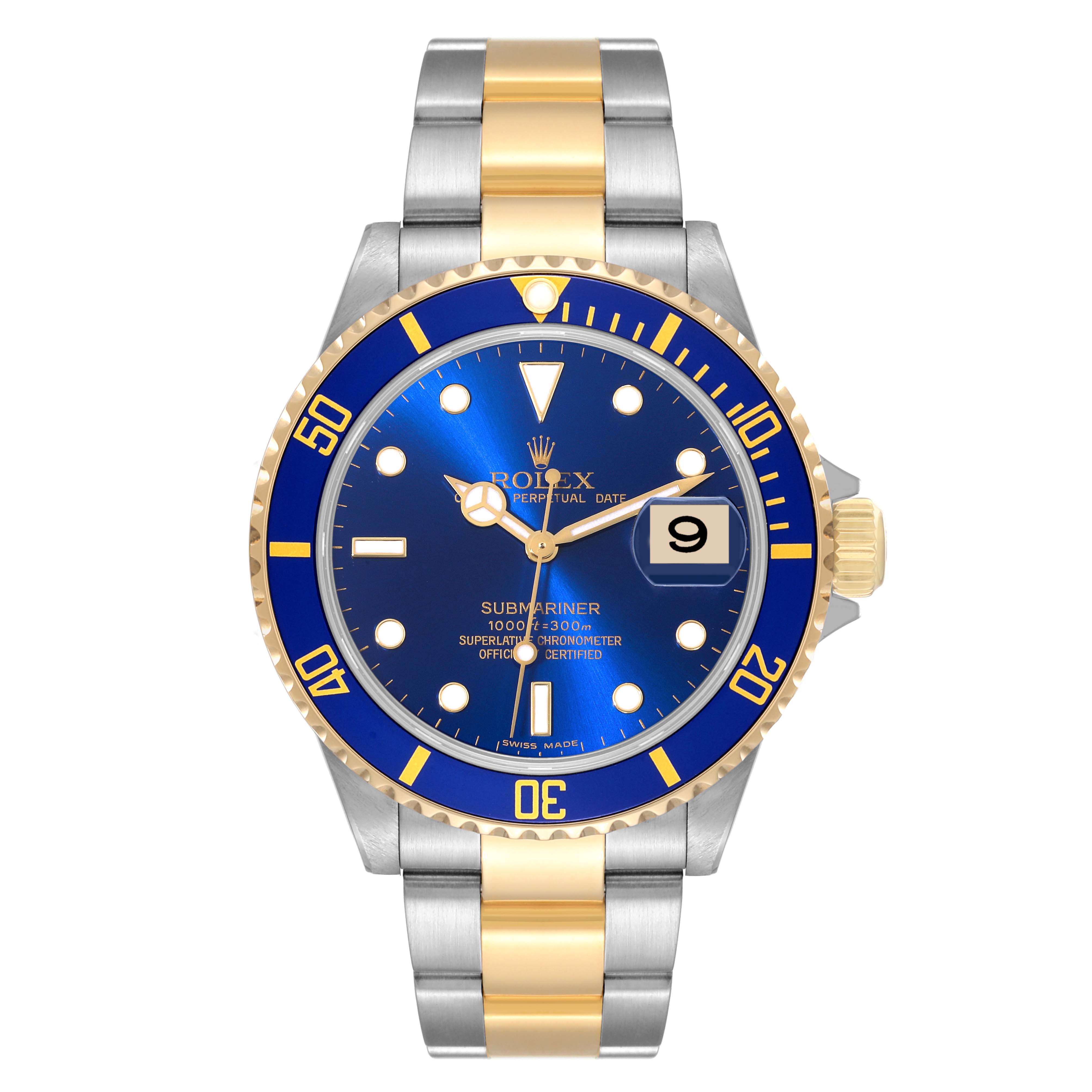 This image shows a front view of a Rolex Submariner 16613 Men
s Stainless Steel Blue Dial 16613 Men
s Stainless Steel Blue Dial watch with a blue dial and a two-tone metal bracelet.
