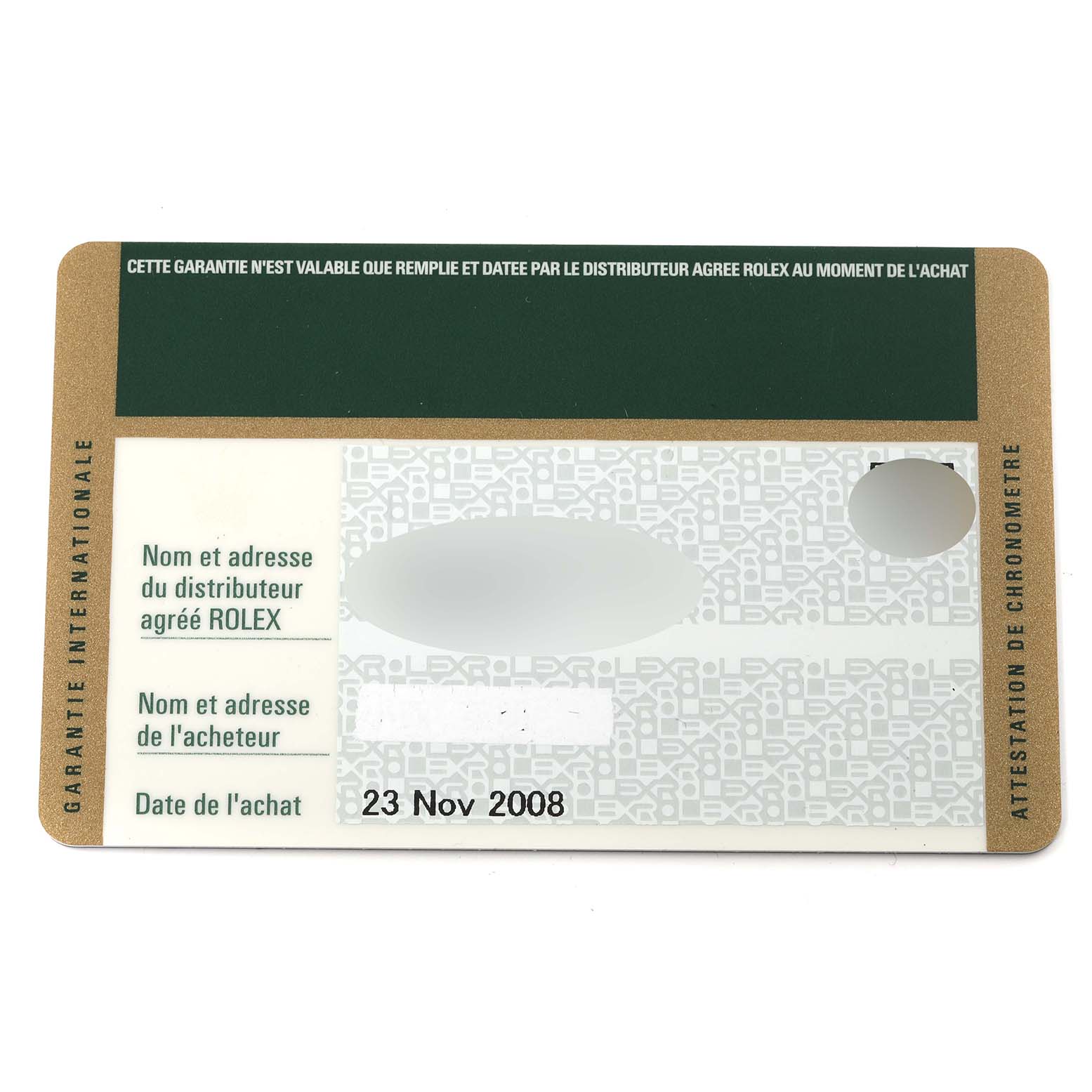 This image shows the warranty card for a Rolex Submariner 16613 Men
s Stainless Steel Blue Dial 16613 Men
s Stainless Steel Blue Dial watch, featuring purchase details and distributor information.