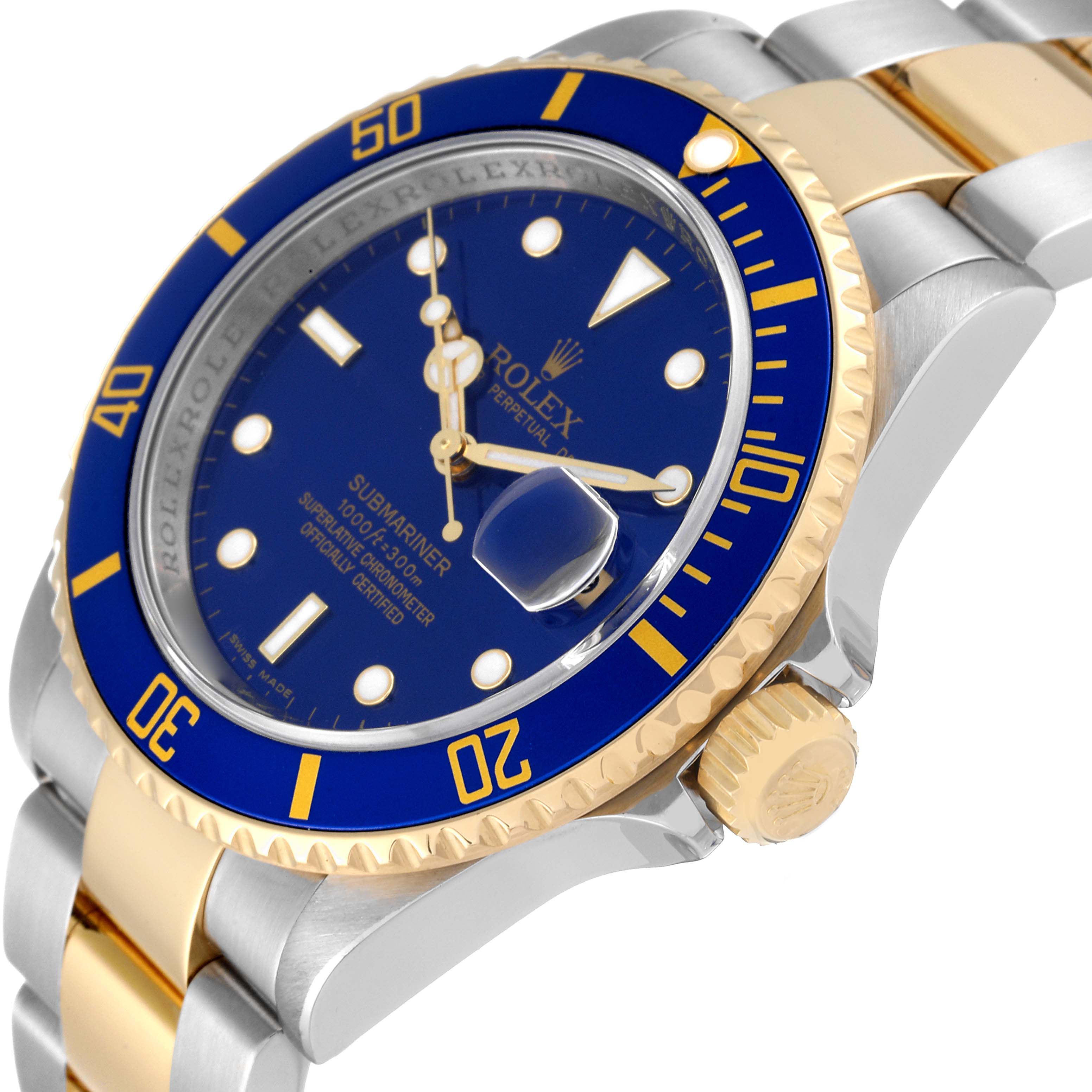 The image shows a close-up of a Rolex Submariner 16613 Men
s Stainless Steel Blue Dial 16613 Men
s Stainless Steel Blue Dial from an angled view, highlighting the blue dial, bezel, crown, and part of the bracelet.