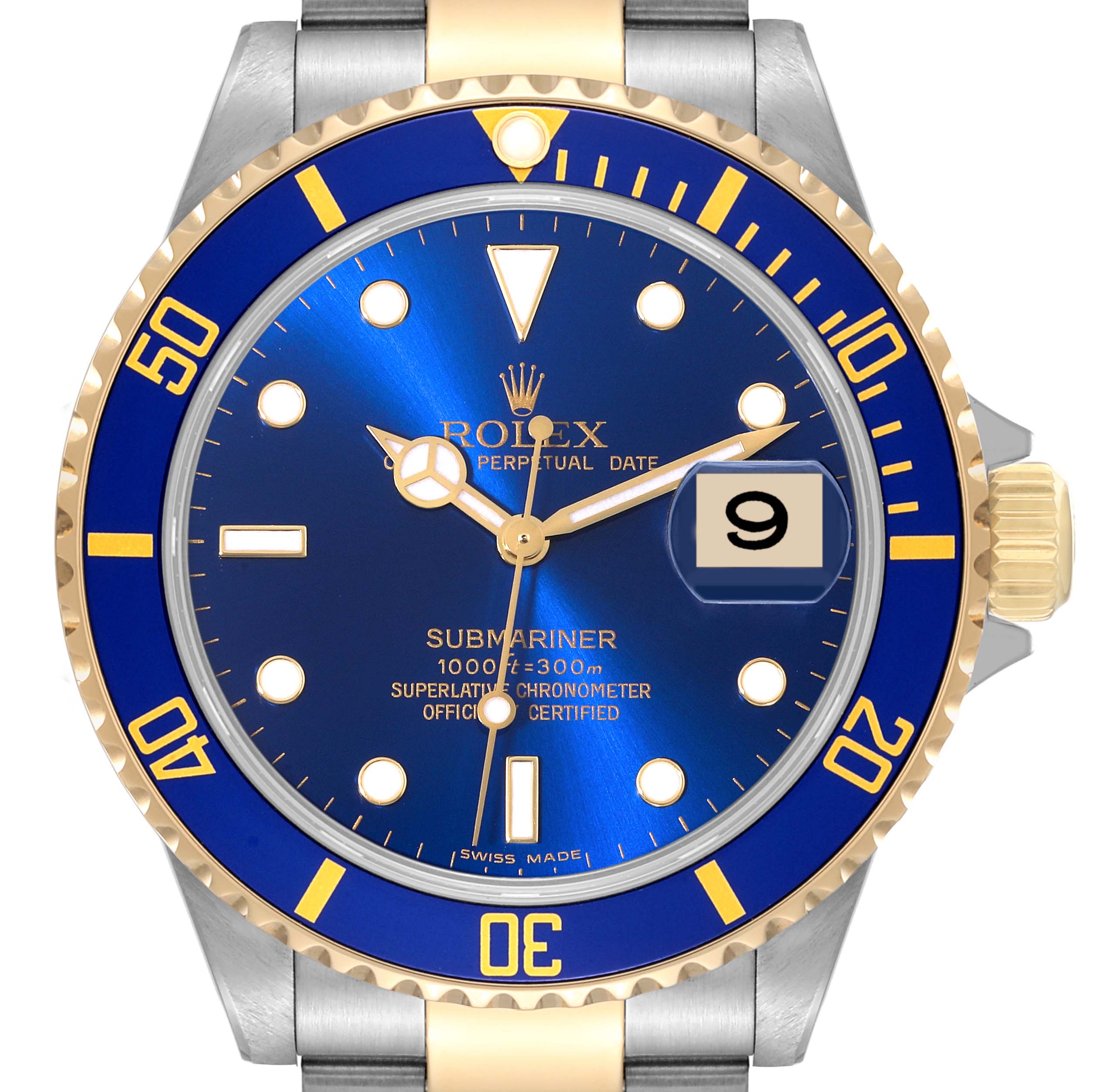 The image shows a front view of the Rolex Submariner 16613 Men
s Stainless Steel Blue Dial 16613 Men
s Stainless Steel Blue Dial watch, highlighting the blue dial, gold bezel, and date window.