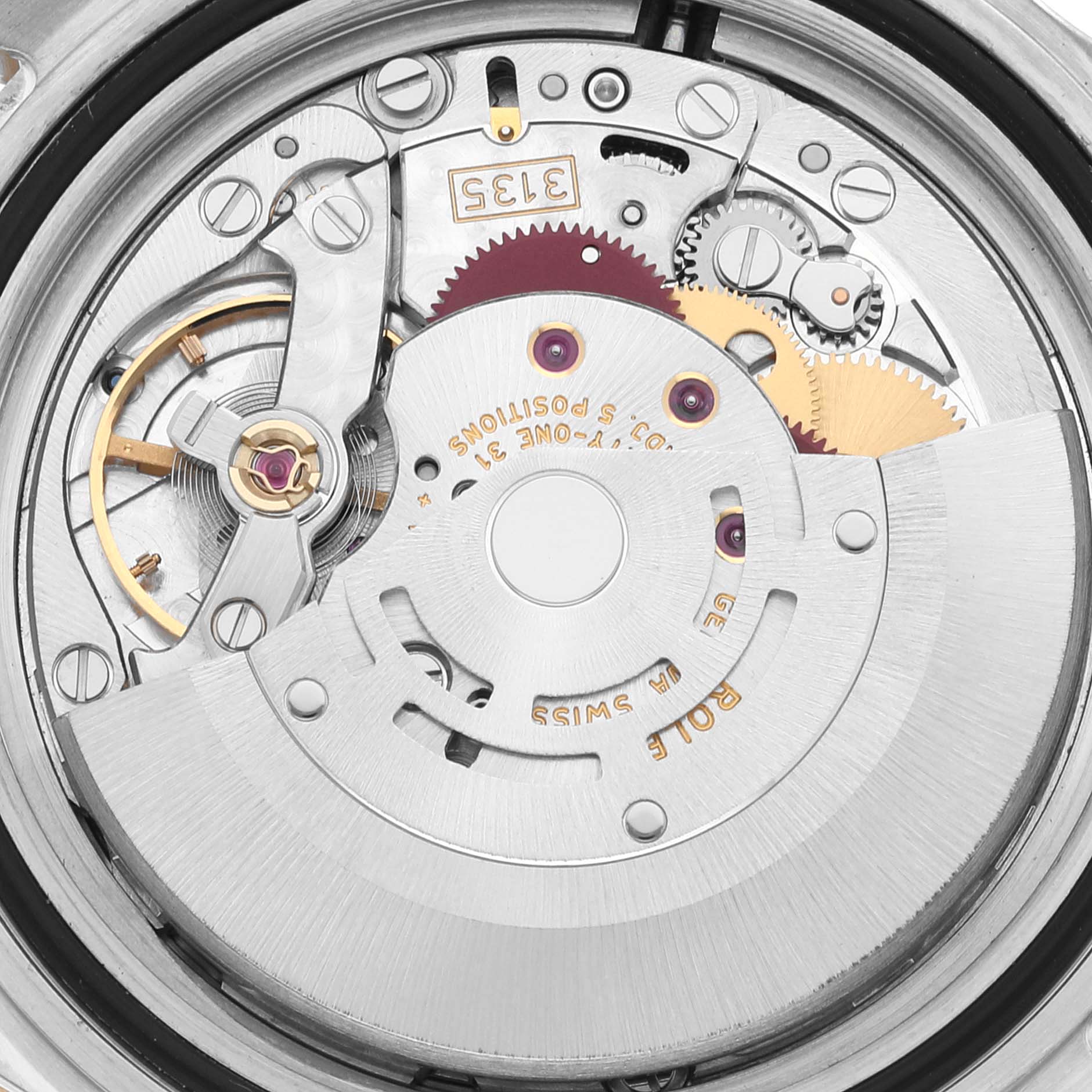 This image shows a close-up of the inner mechanics of the Rolex Submariner 16613 Men
s Stainless Steel Blue Dial 16613 Men
s Stainless Steel Blue Dial watch
s movement from a top-down angle.