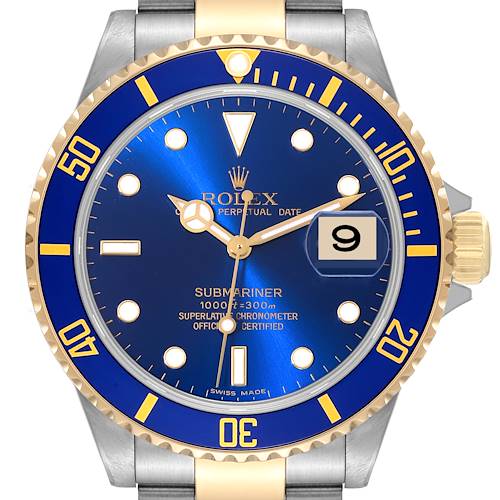 Photo of Rolex Submariner Steel Yellow Gold Blue Dial Mens Watch 16613 Box Card