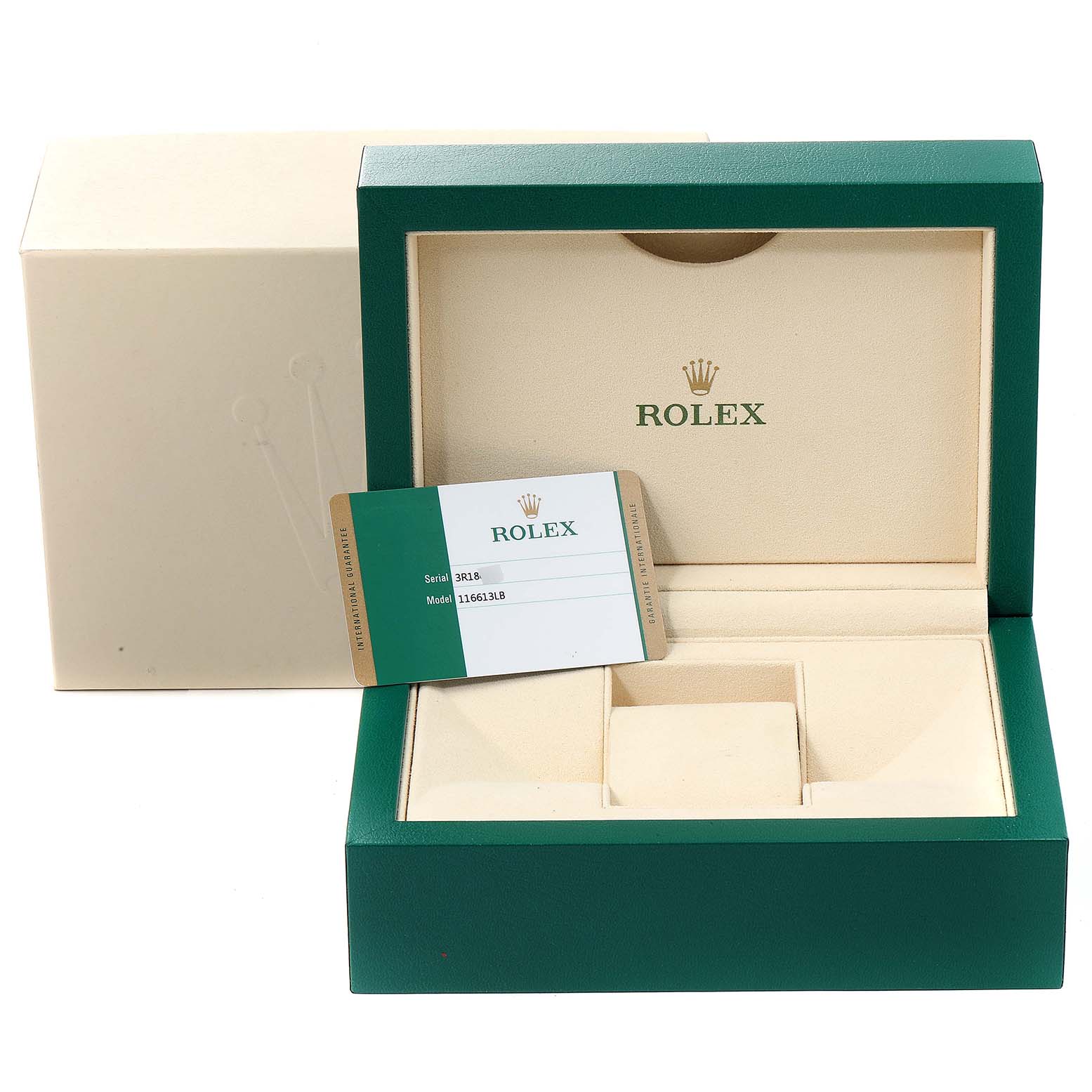 This image shows the packaging and authenticity card for the Rolex Submariner 116613 Men's Steel and Gold (two tone) Blue Dial 116613 Men's Steel and Gold (two tone) Blue Dial model.