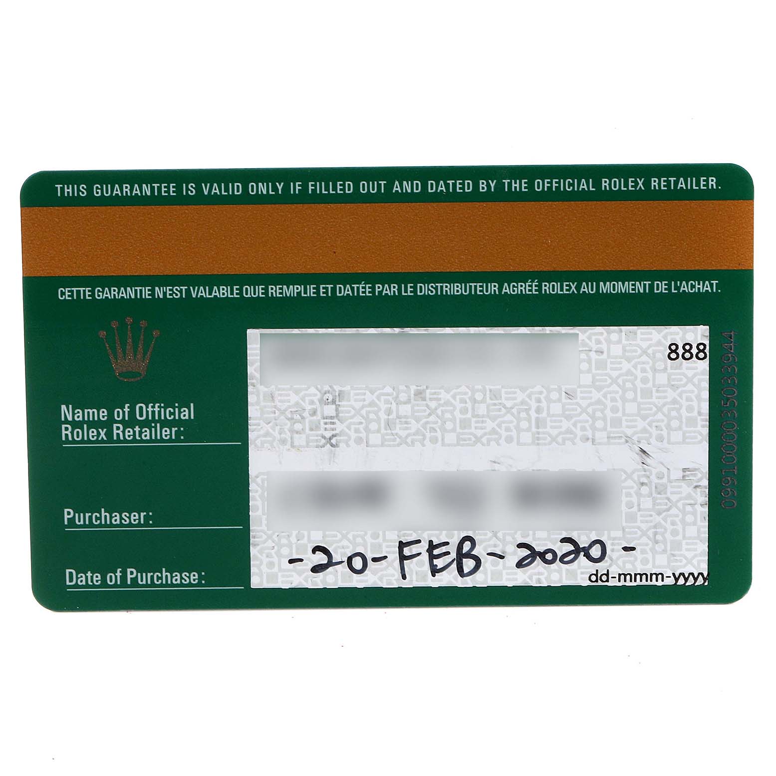 This image shows a Guarantee card for a Rolex Submariner 116613 Men's Steel and Gold (two tone) Blue Dial 116613 Men's Steel and Gold (two tone) Blue Dial, detailing retailer, purchaser, and purchase date information.